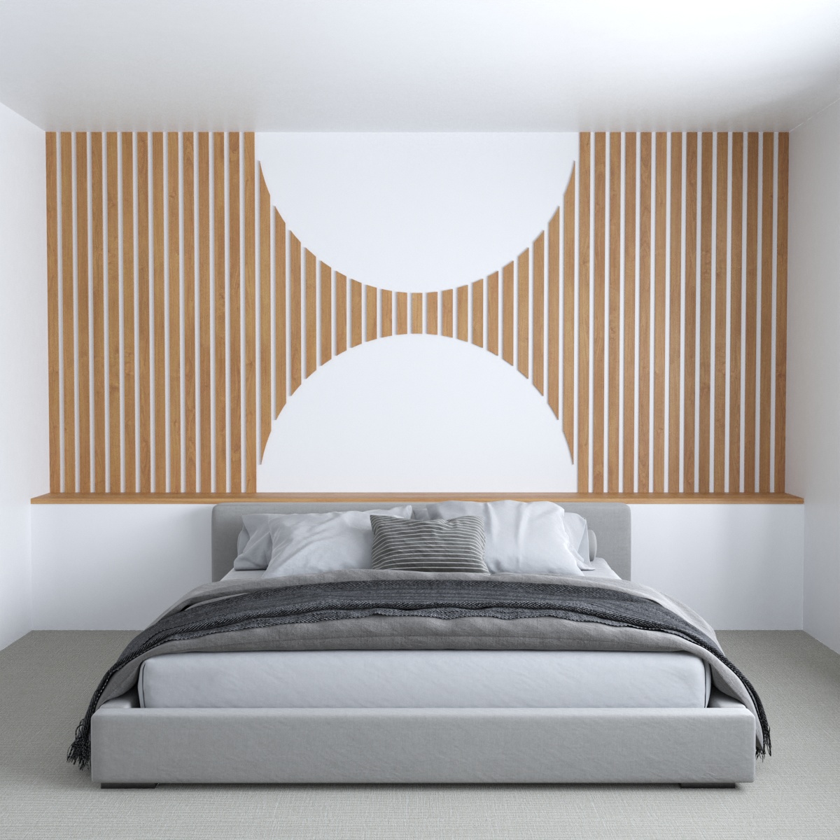 This wood accent wall design includes wood slats that have been cut in a way to show off two half circles.