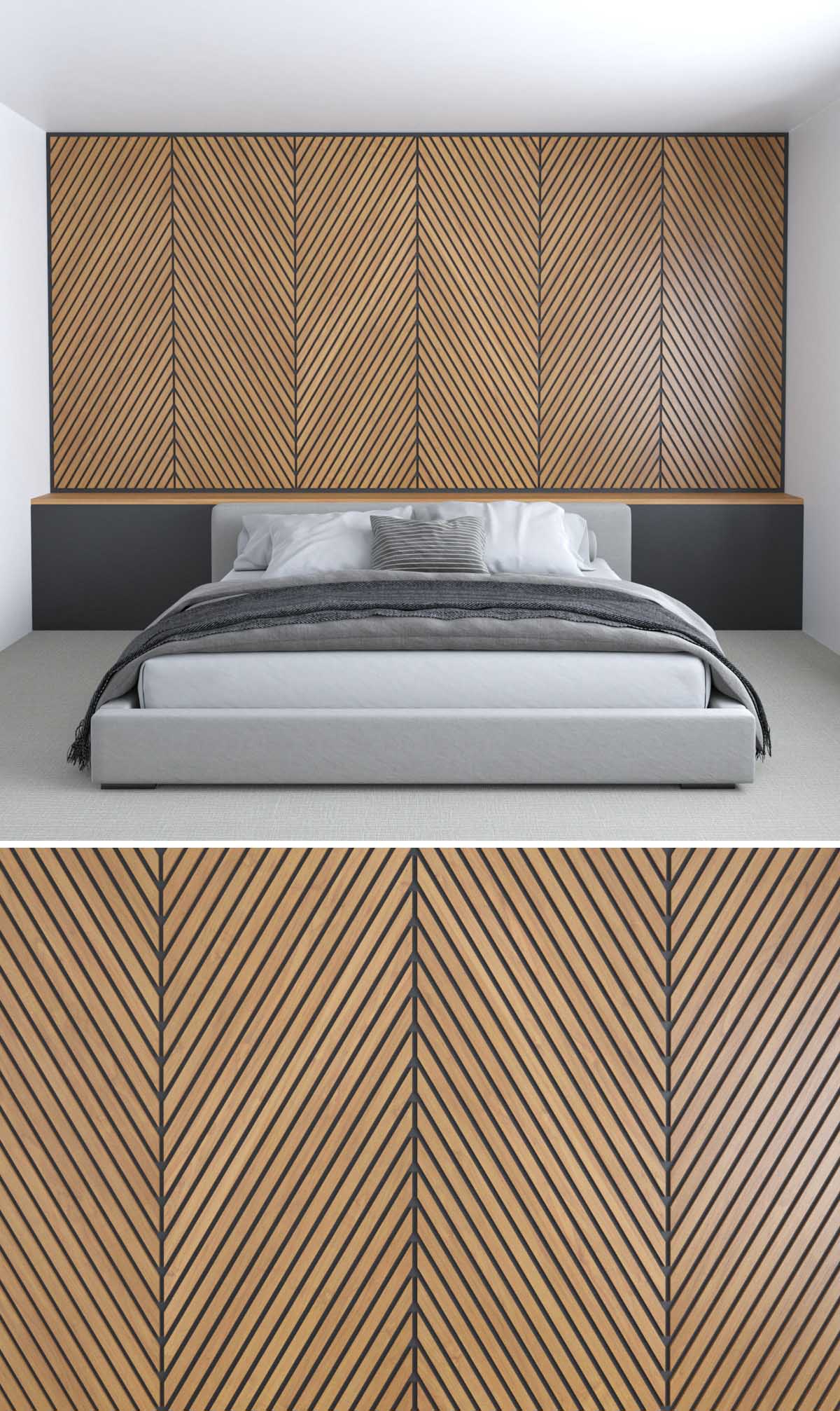 This chevron accent wall design one uses thin pieces of wood, each cut on an angle, and placed to create a six-panel design.