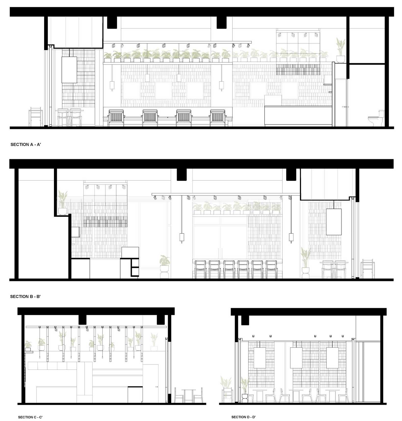 Architectural sections of a modern coffee shop.