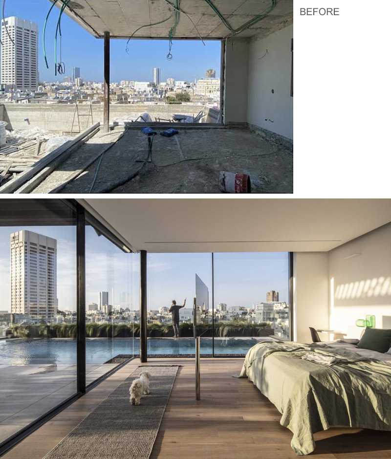 A modern bedroom with floor-to-ceiling windows that provide a view of the pool and city.