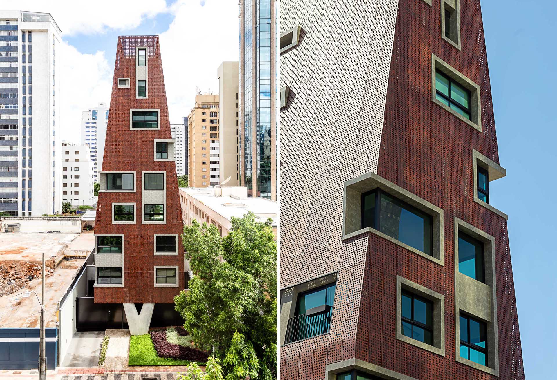 Perforated metal panels with an earthy reddish sepia tone cover the exterior of a modern building in Brazil.