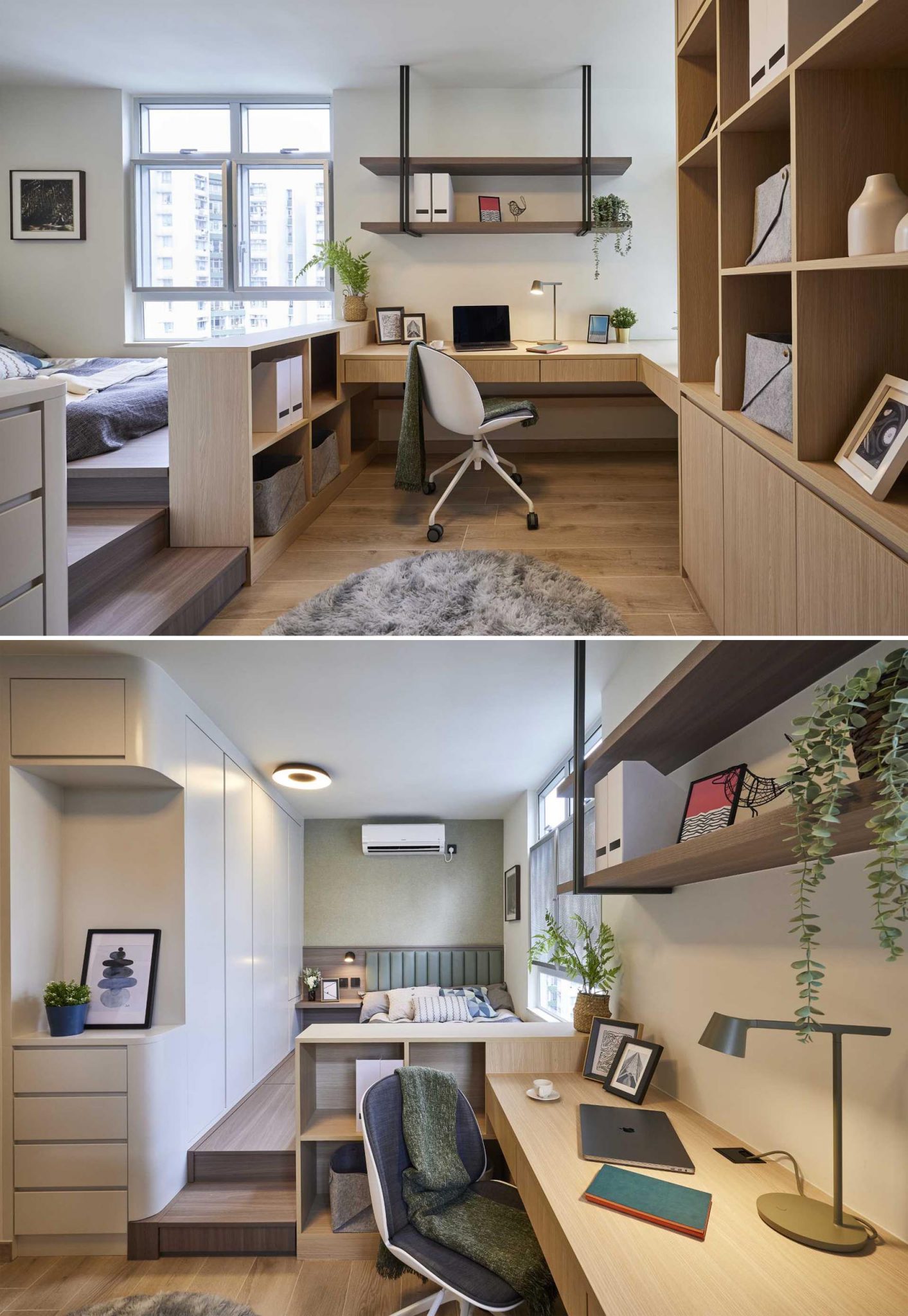 A Raised Bed Creates A Separate Space From The Home Office In This Apartment Bedroom