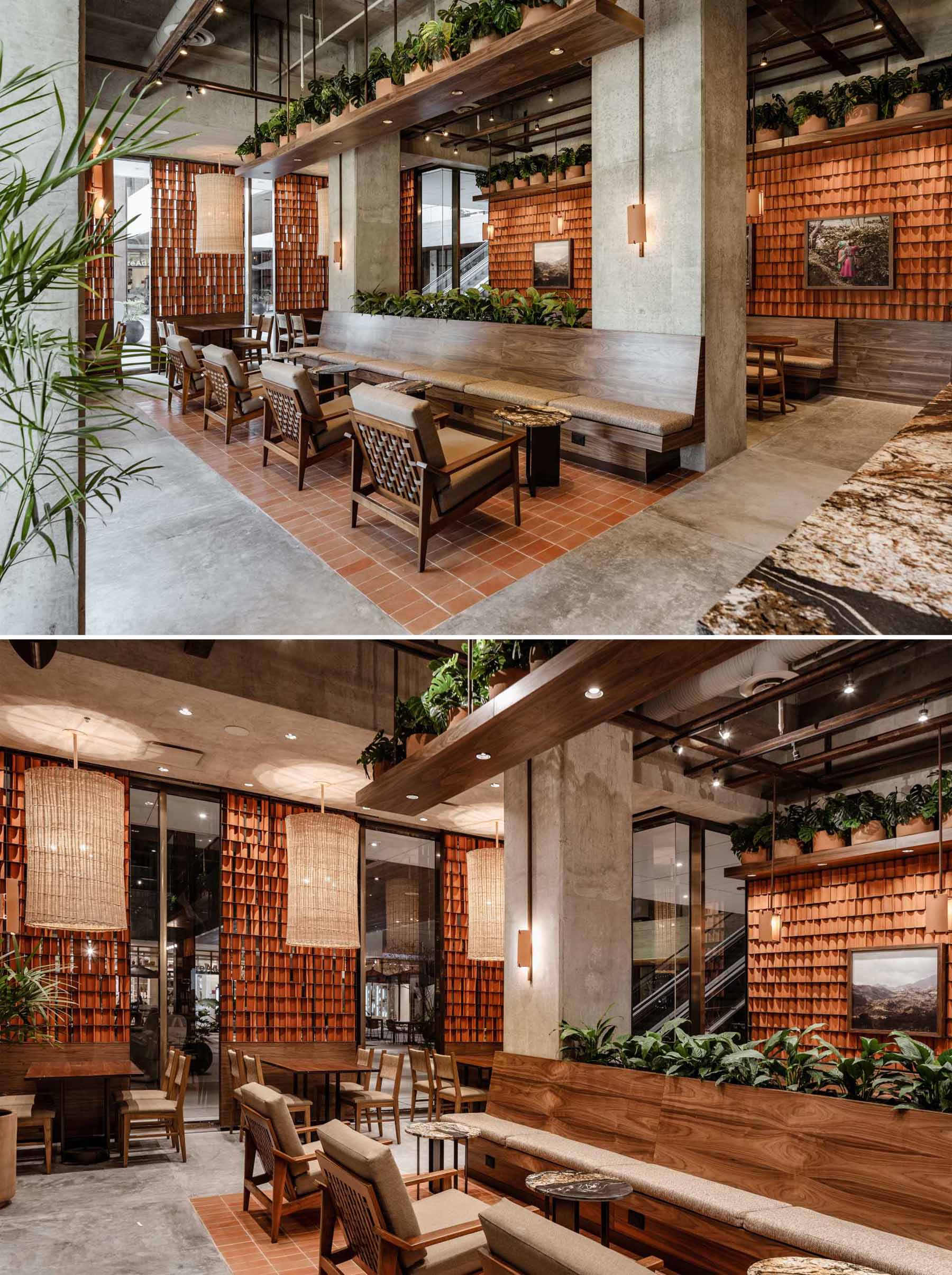 A modern coffee shop uses clay tiles throughout its design, while wood adds to the warmth of the interior.