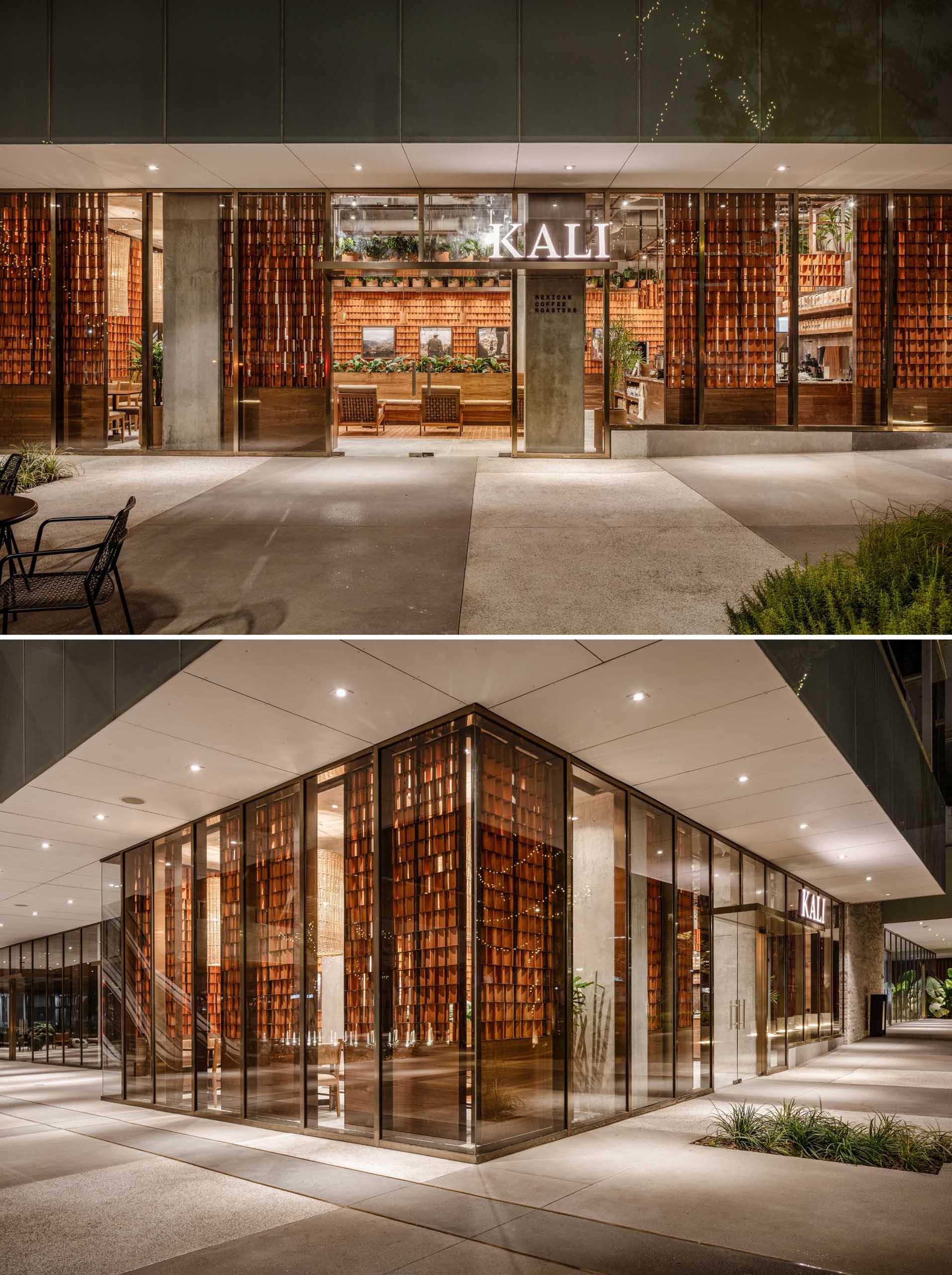 Clay tiles are used heavily in the interior design of this modern coffee shop in Mexico.