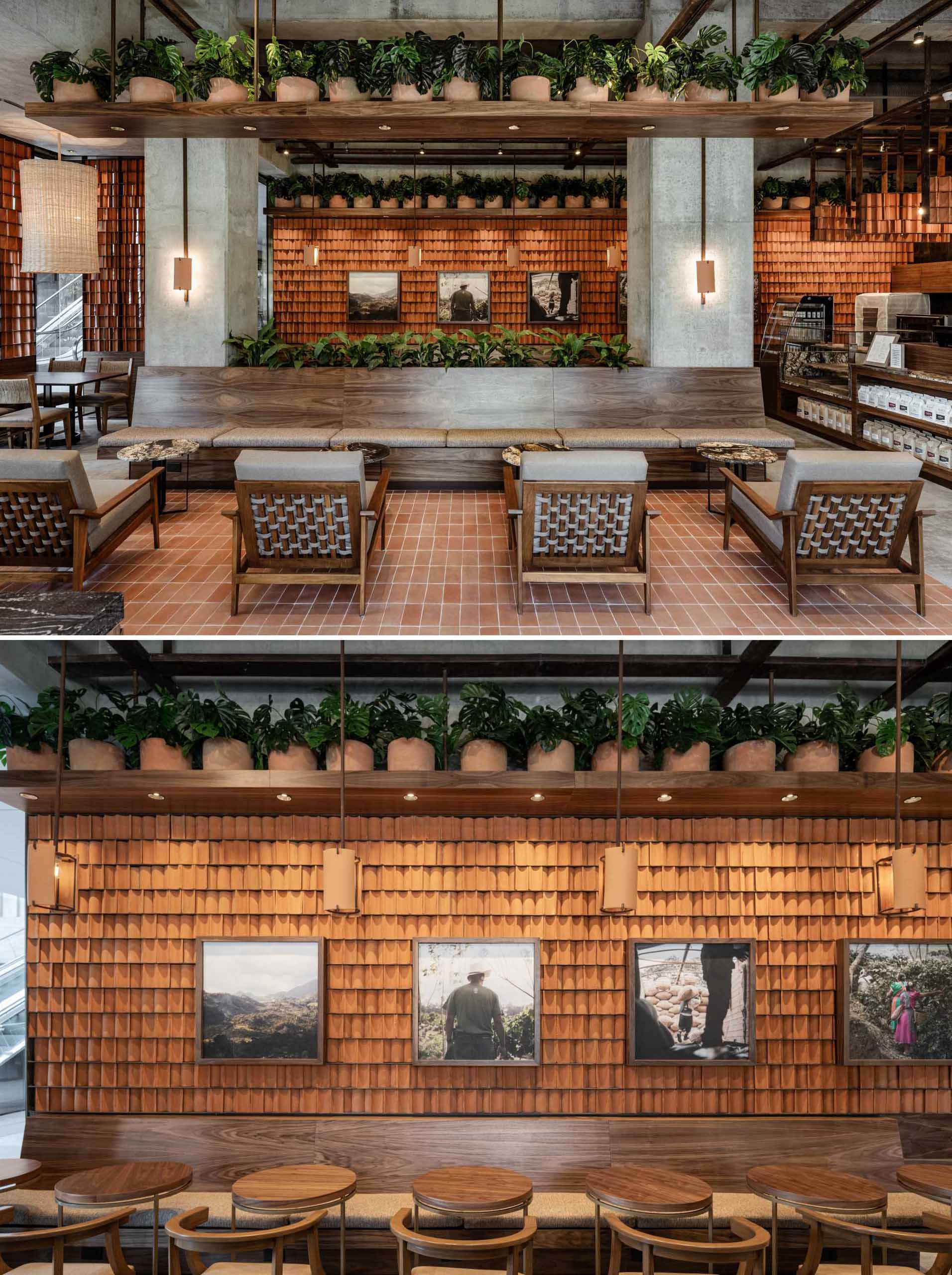 A modern coffee shop interior with plants, clay tiles, wood, and raw concrete.