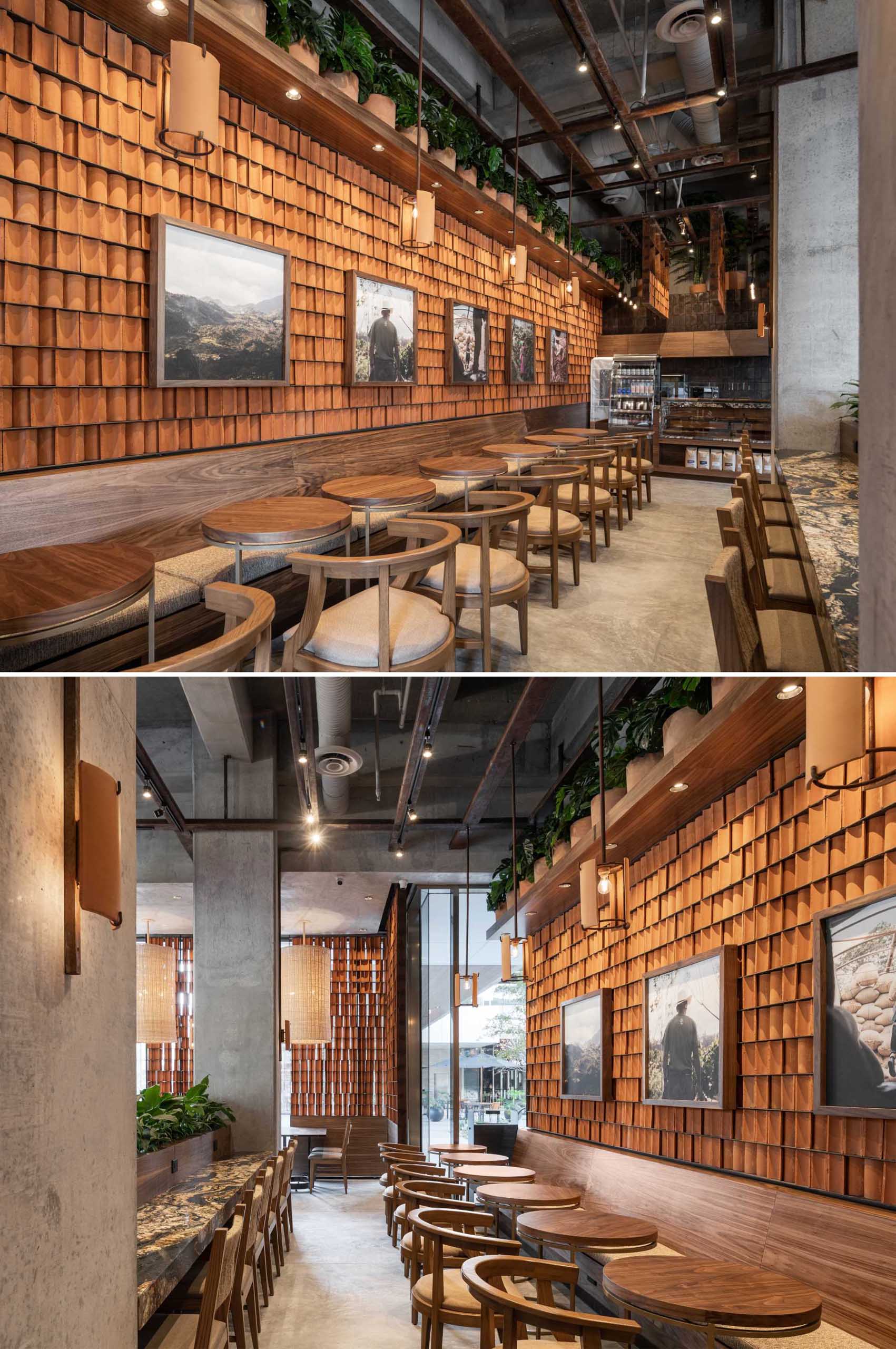 A modern coffee shop interior with plants, clay tiles, wood, and raw concrete.
