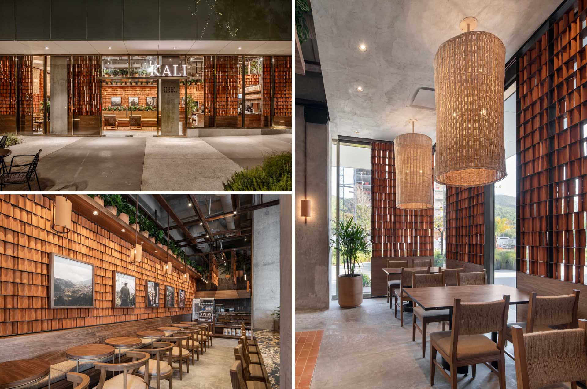 Clay tiles are used heavily in the design of this modern coffee shop.