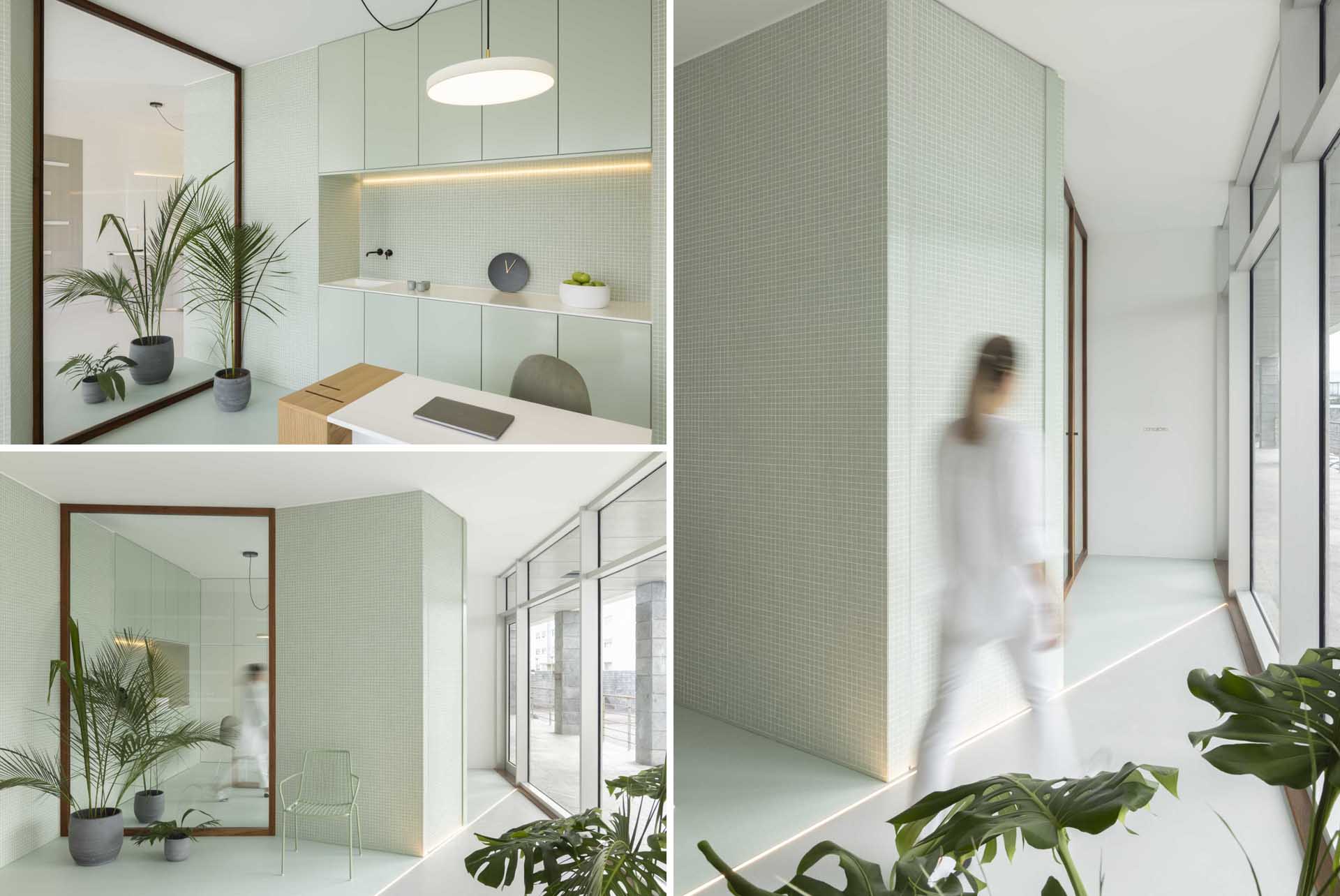A modern health clinic with pastel green accents.