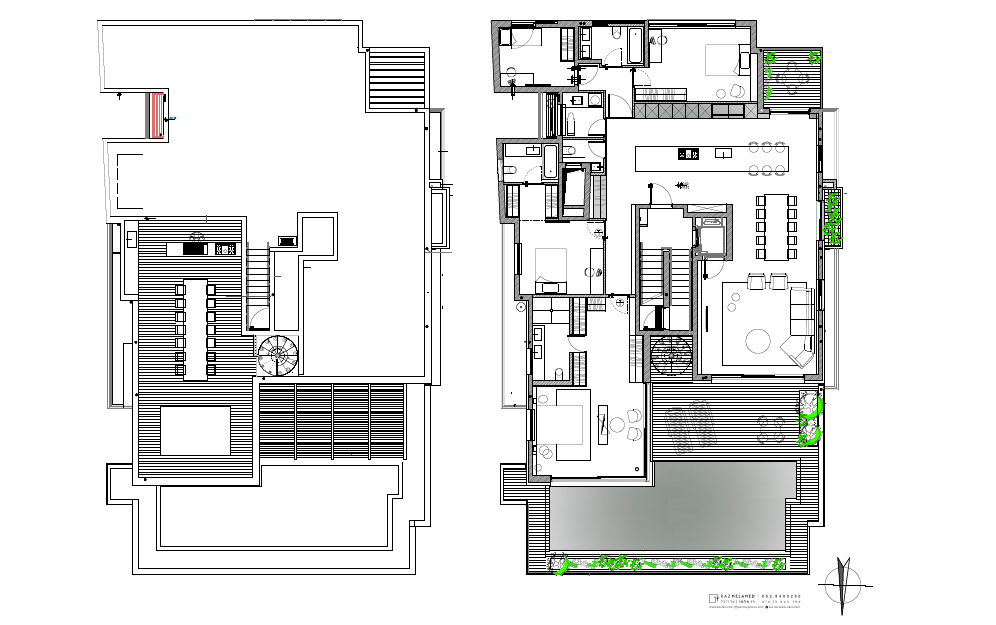 The floor plan of a modern penthouse apartment with a rooftop deck and swimming pool.