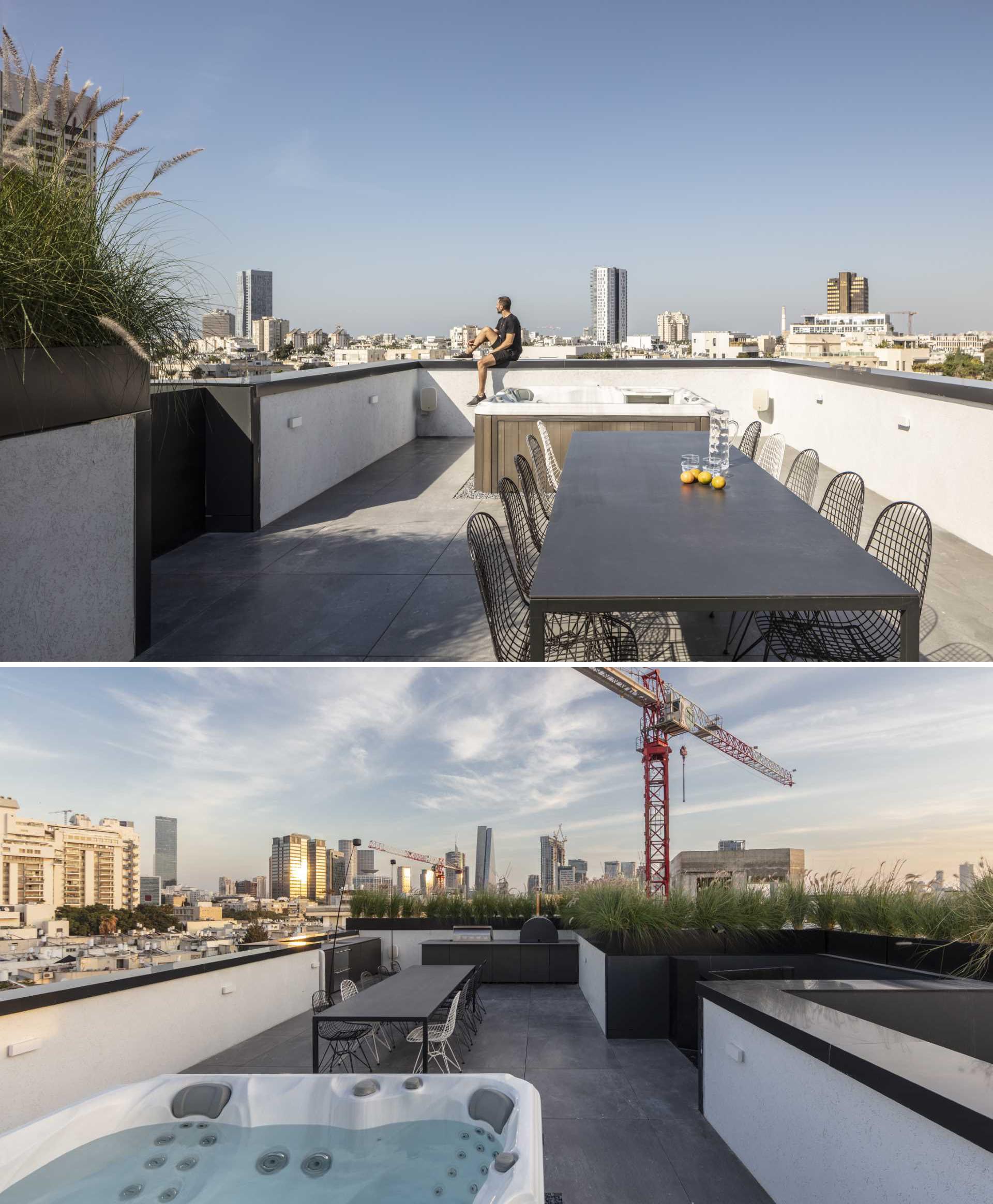 This modern rooftop, which has extensive views of the city, offers a place for outdoor dining and cooking, as well as a place for relaxing in the Jacuzzi.