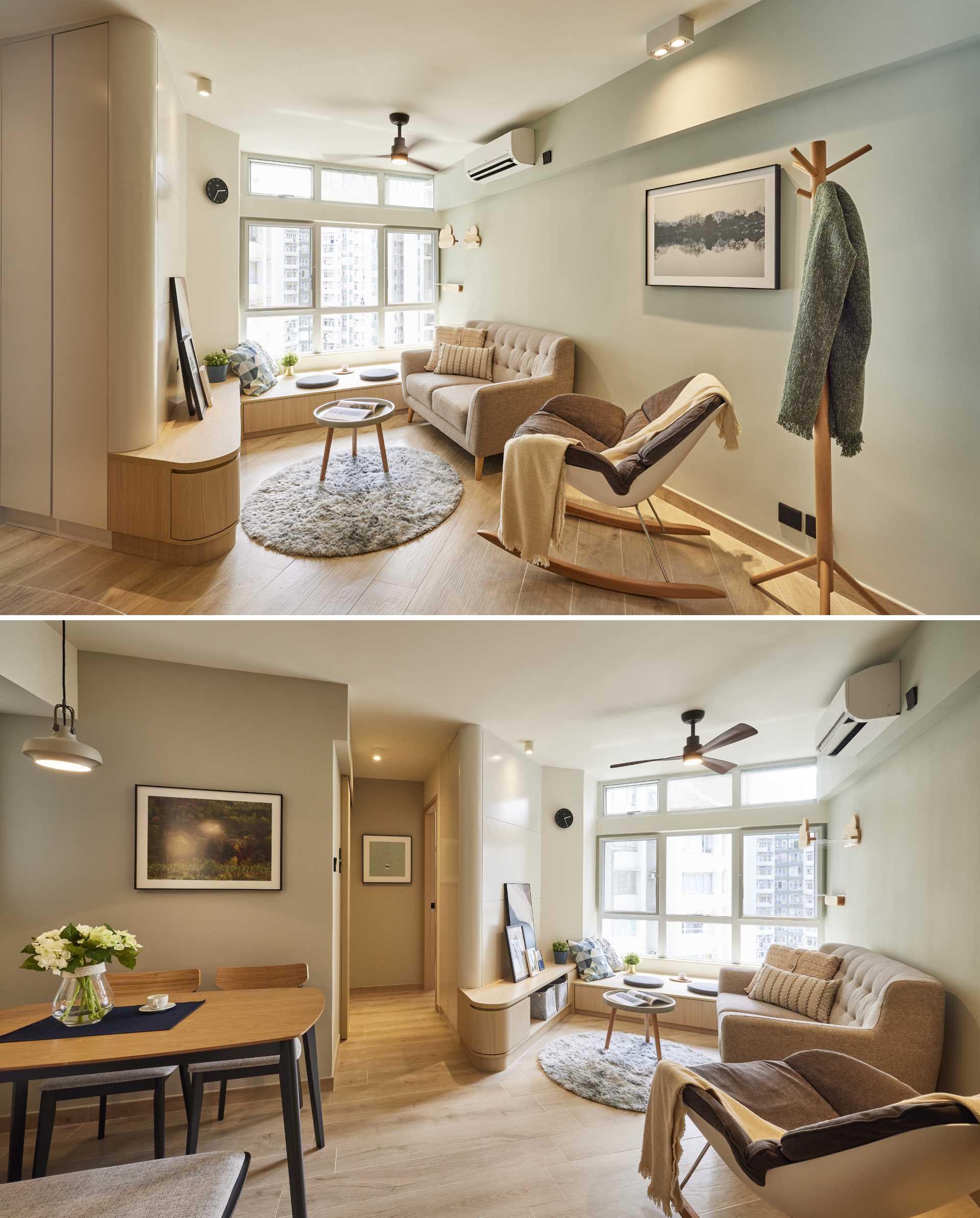 The living room includes a small sofa, a custom designed low TV cabinet, and a bench alongside the window that allows the owner to relax with a cup of tea and magazine.