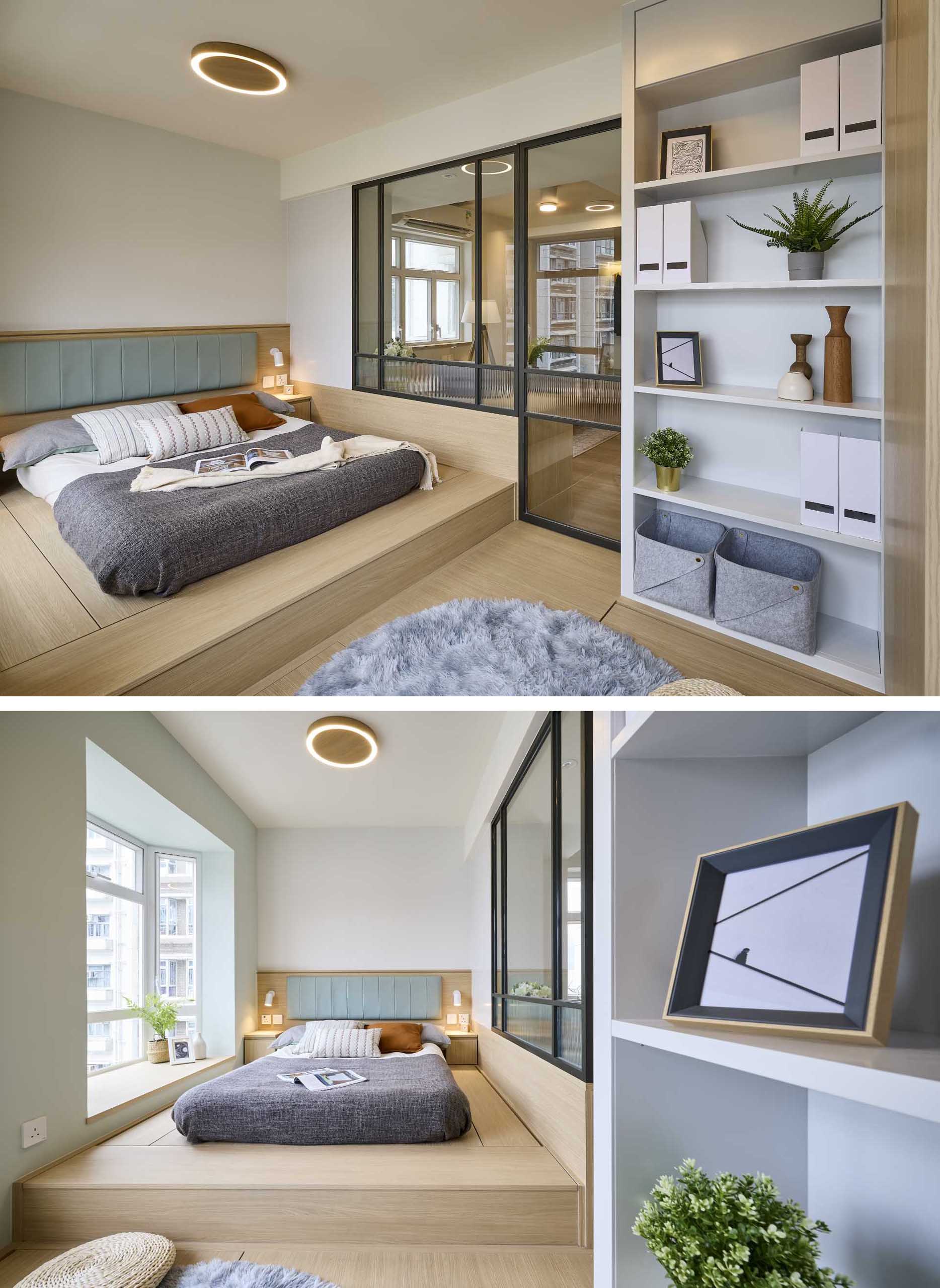 In the bedroom, the bed is raised up on a wood platform, that also includes bedside tables. By the windows there's additional wood platforms that allows for extra seating and places to display plants.