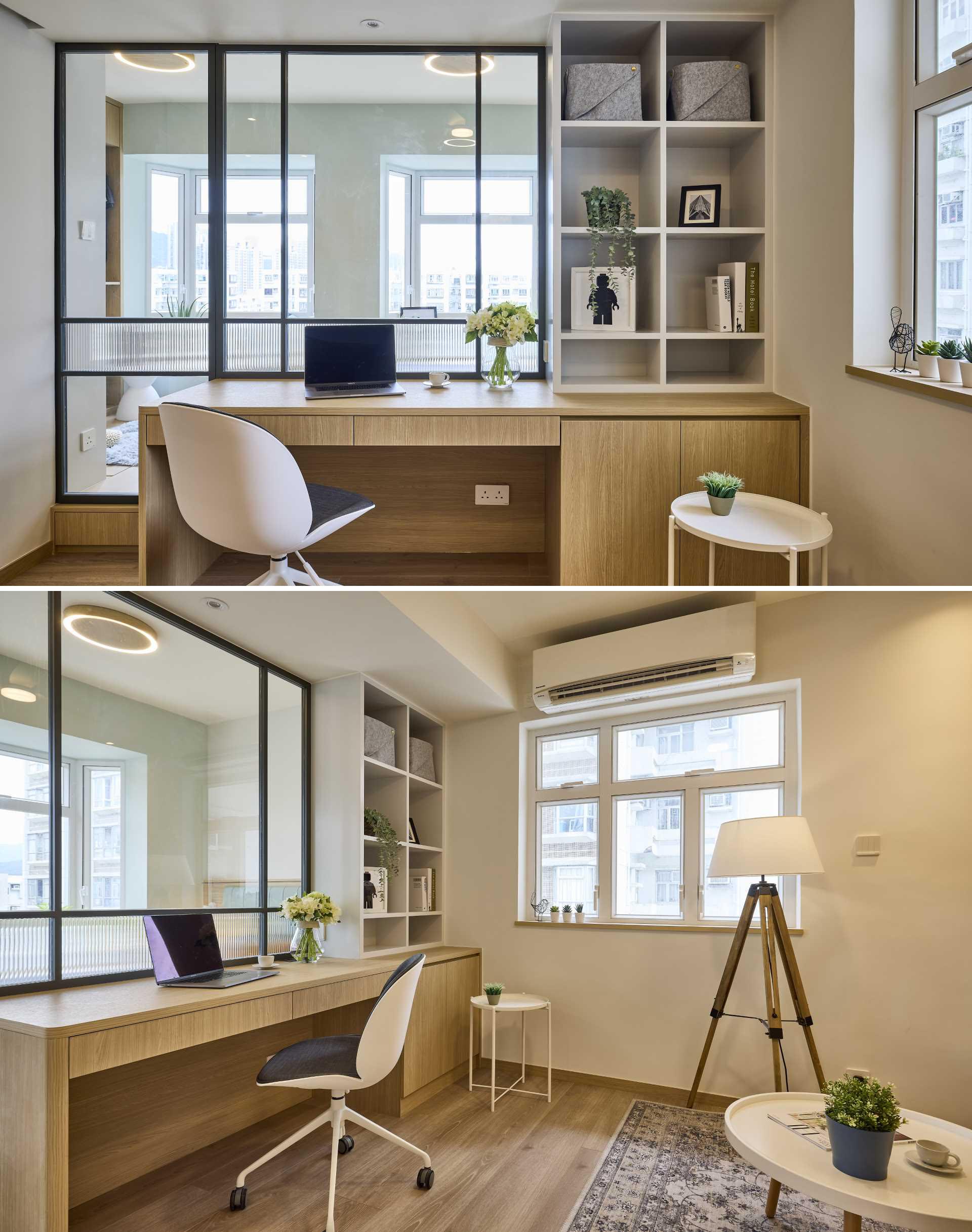 This desk, which is filled with natural light from multiple windows, has been built-in to make the most of the space. An open shelving unit as well as cabinets below adds storage space.