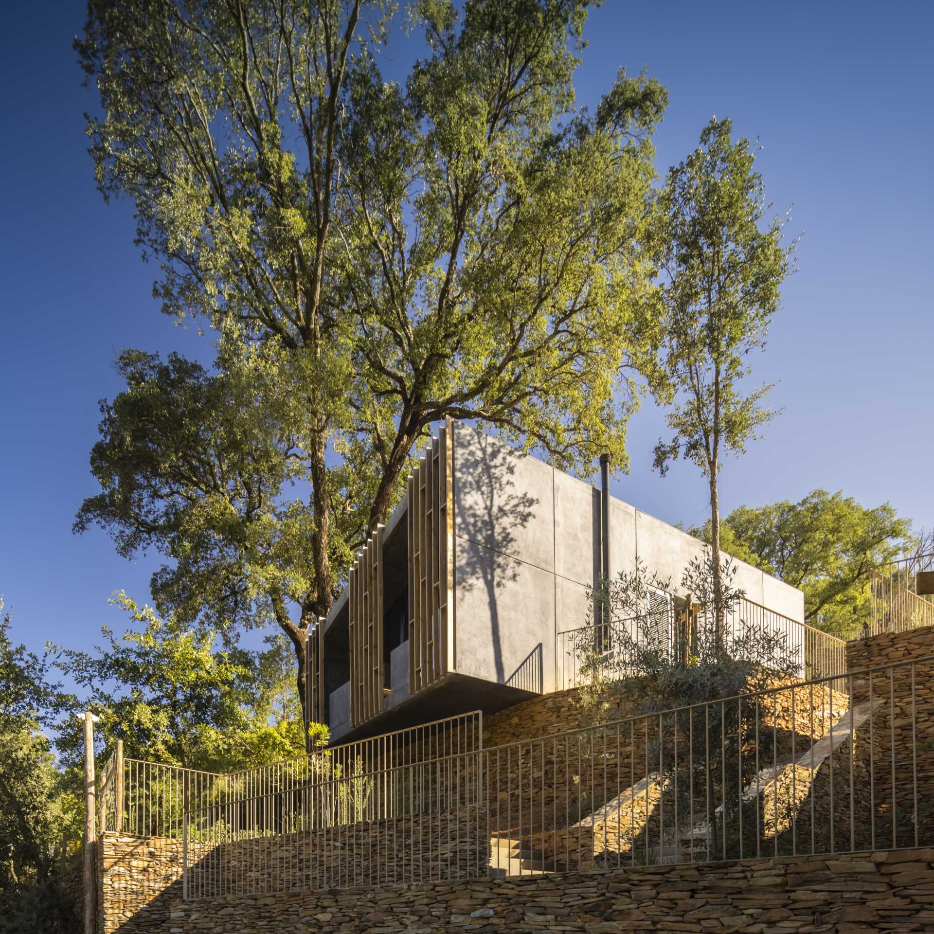 A small and modern houses that are  made from raw concrete and wood.