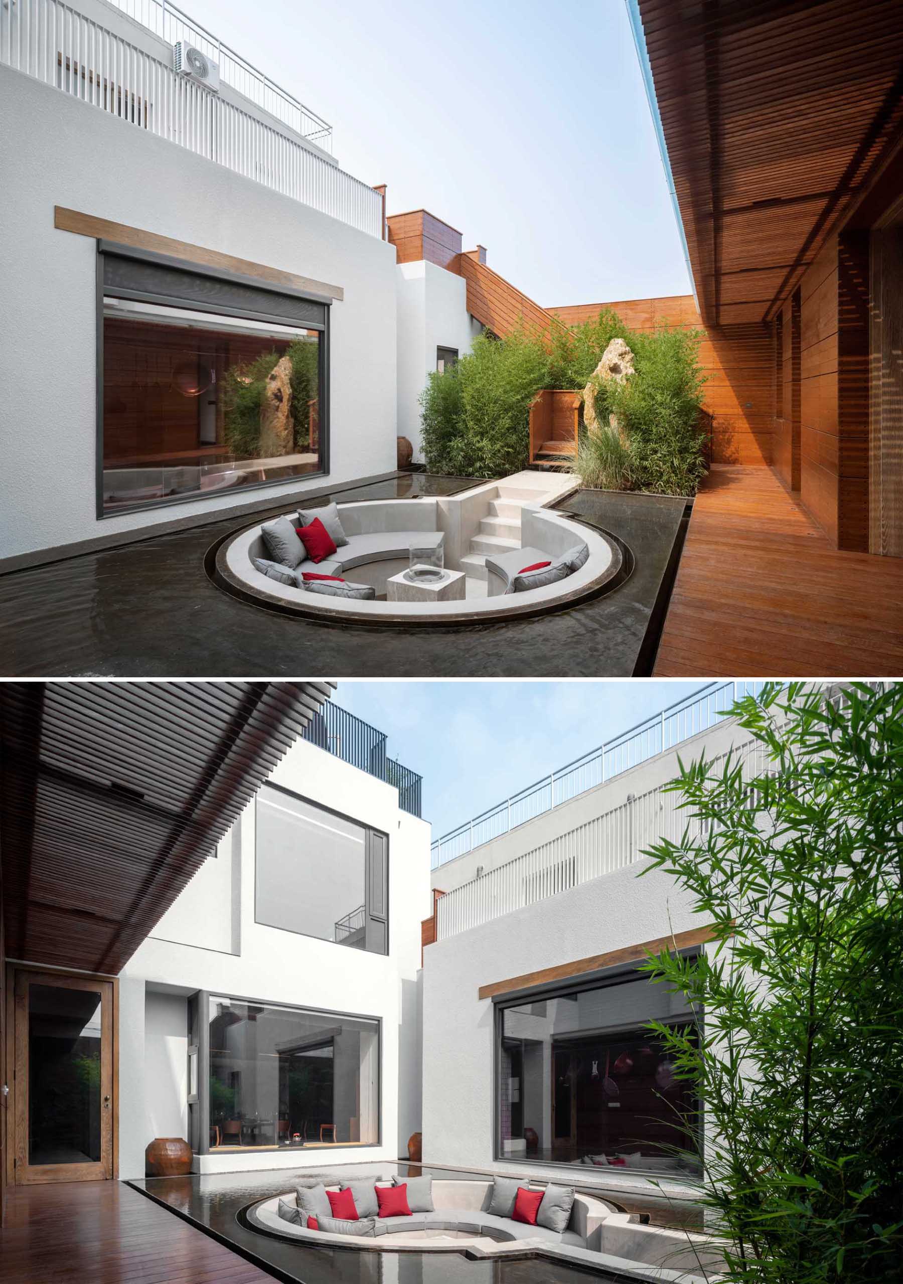 Hidden away from public view, but still visible from many areas of the home, this sunken conversation pit was created as a place for the family to gather and entertain.