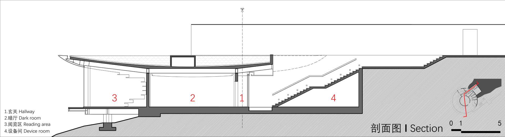 Architectural diagrams of a round library.