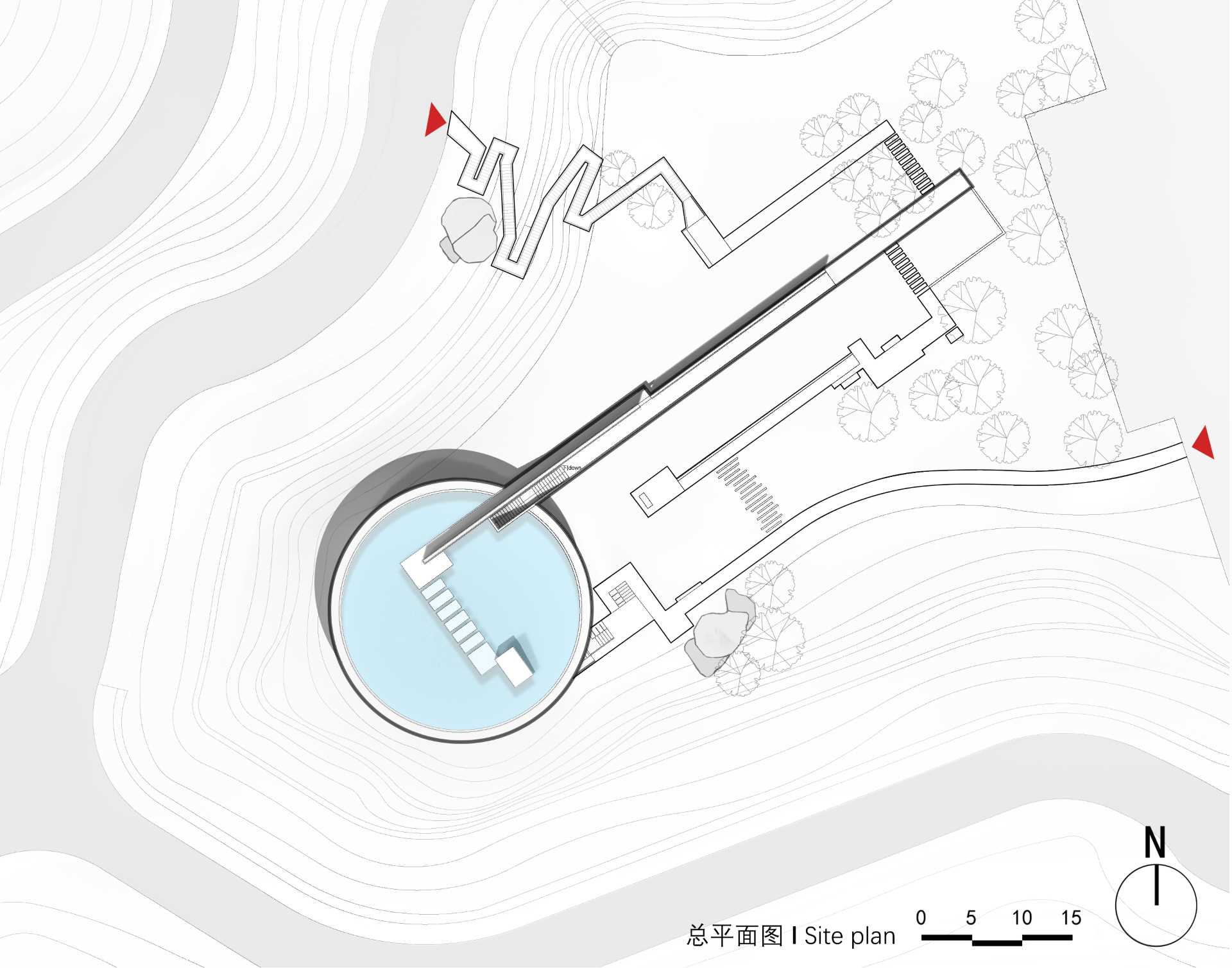 Architectural diagrams of a round library.