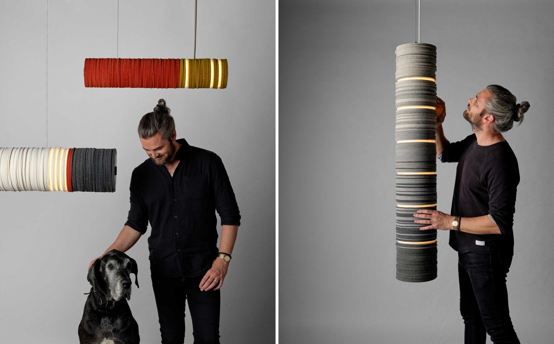 A modern lighting collection made from upcycled felt and aluminum, and energy-saving LEDs.