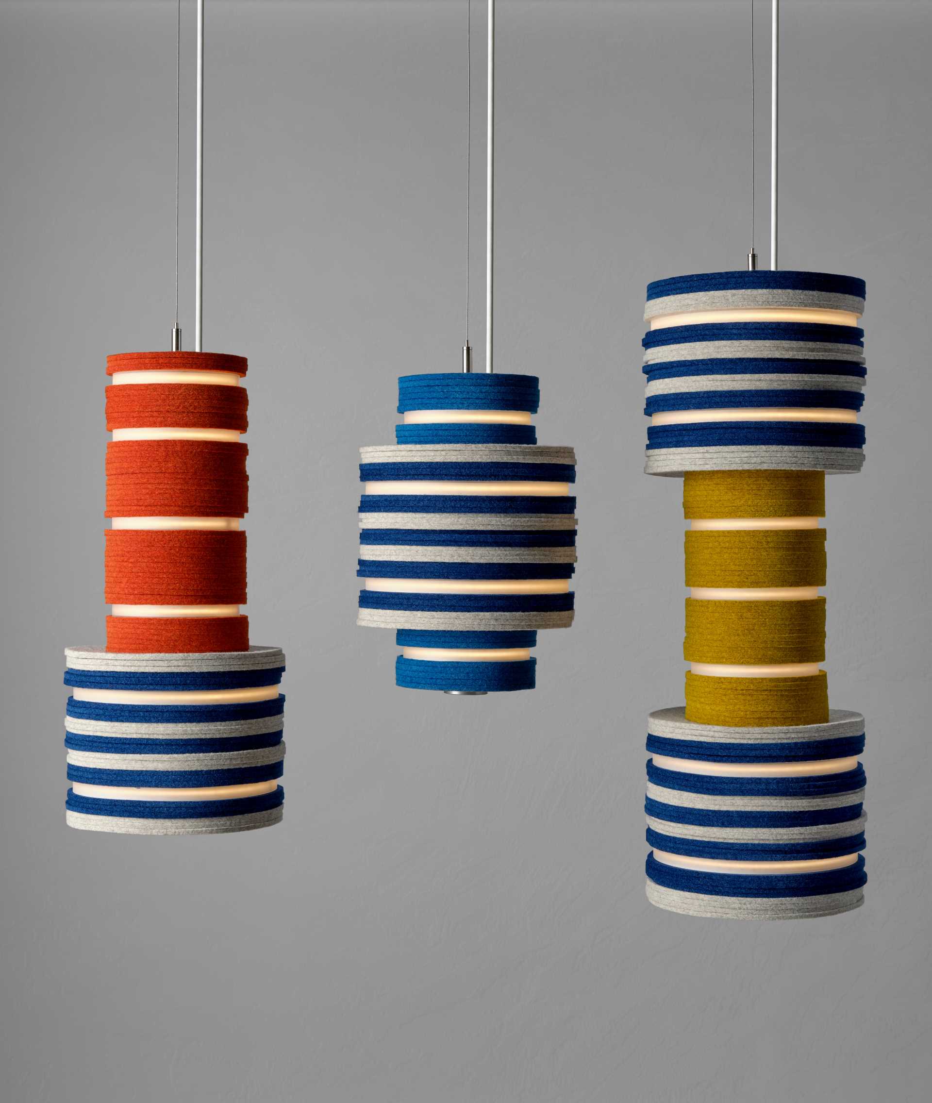 A modern lighting collection made from upcycled felt and aluminum, and energy-saving LEDs.