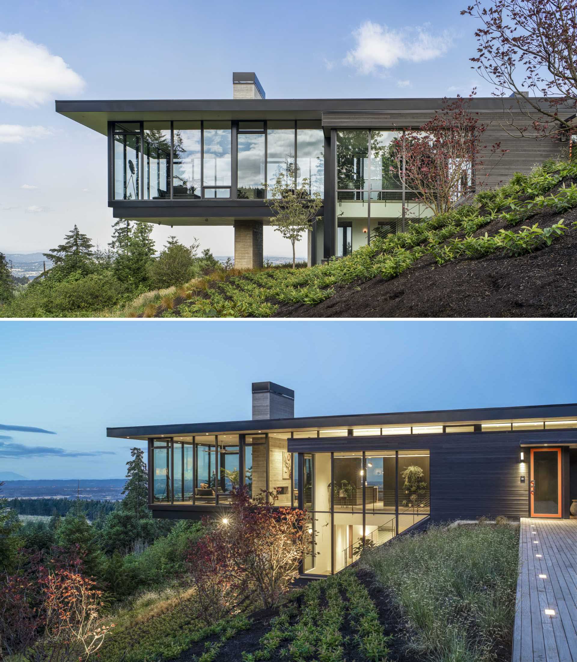 A cantilevered living room and dining room are supported by a concrete fireplace and chimney .