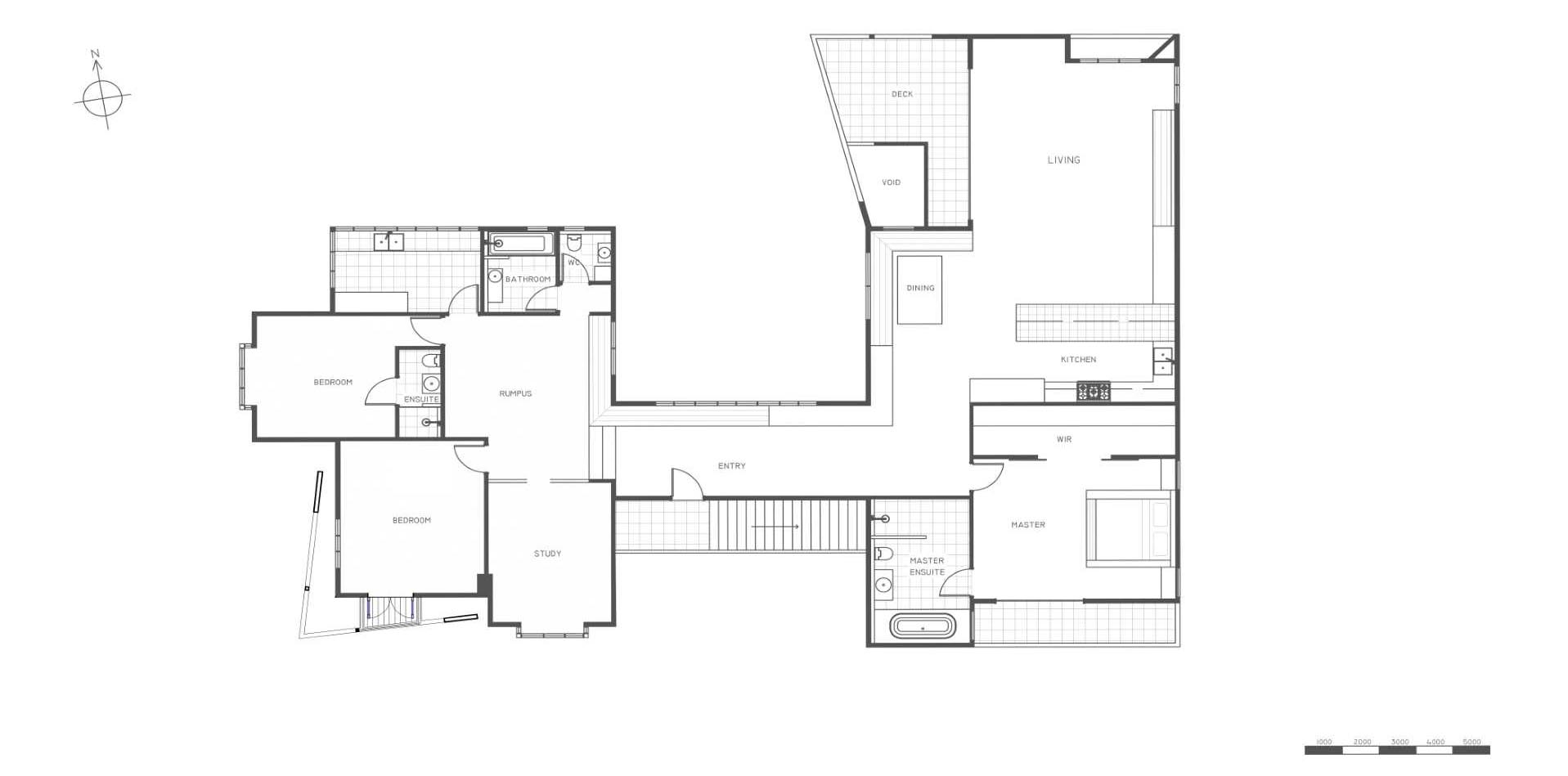 This house floor plan shows the separation of the main social areas of the house with the primary bedroom and bathroom, and the kids zone.