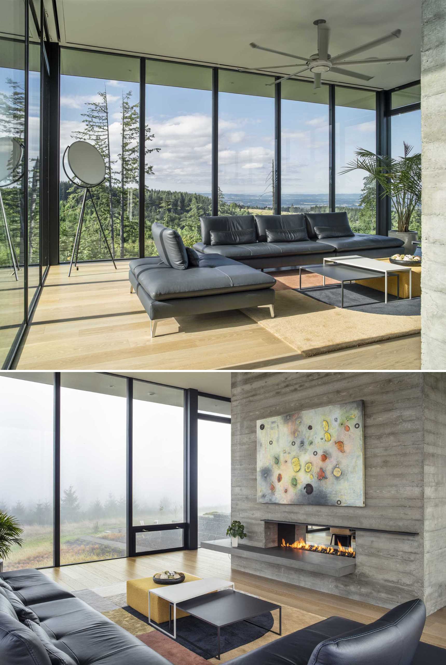 The interiors of this home, like in the living room, are modern and clean, using contrasting blacks and whites, and wood floors.