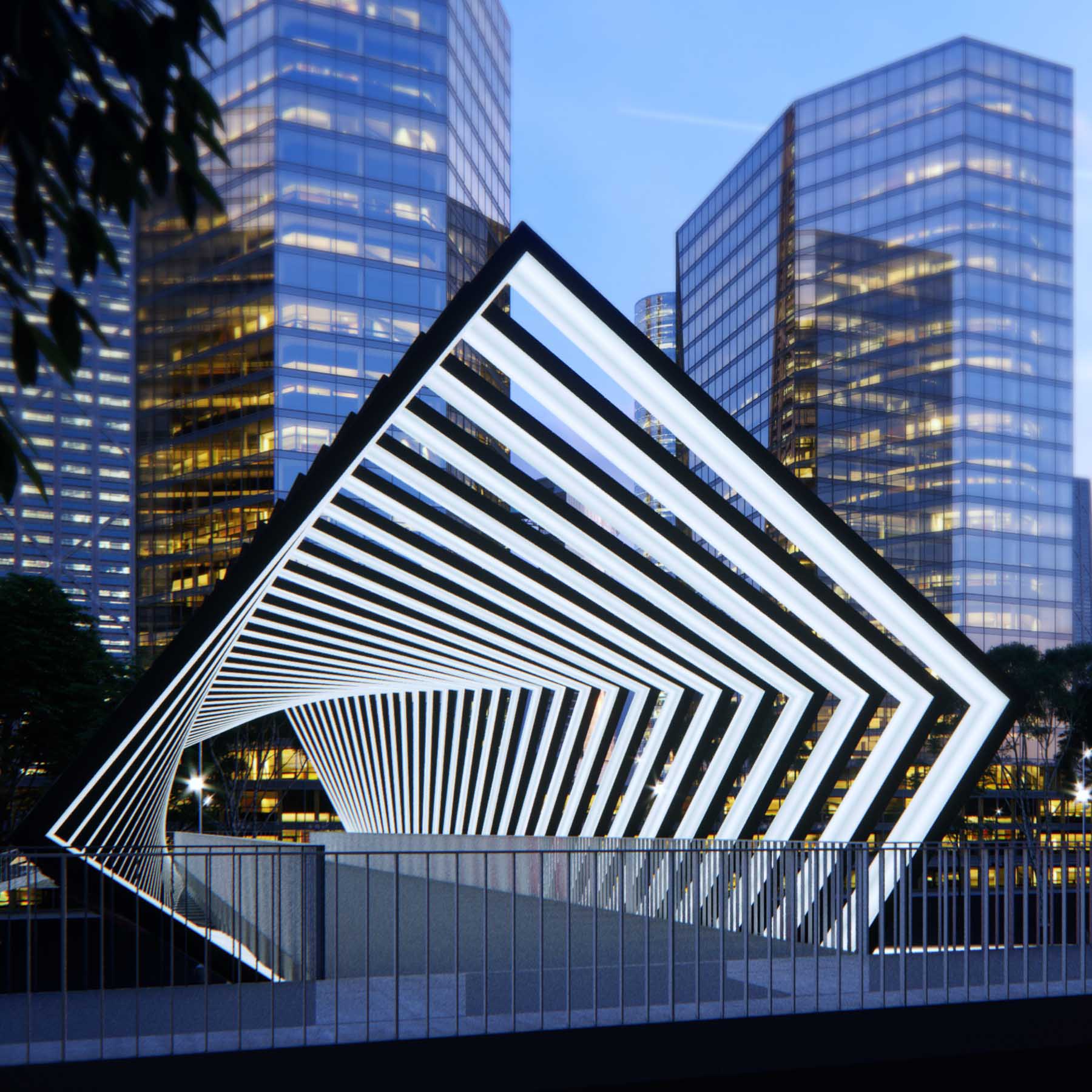 A modern pedestrian bridge with lighting.