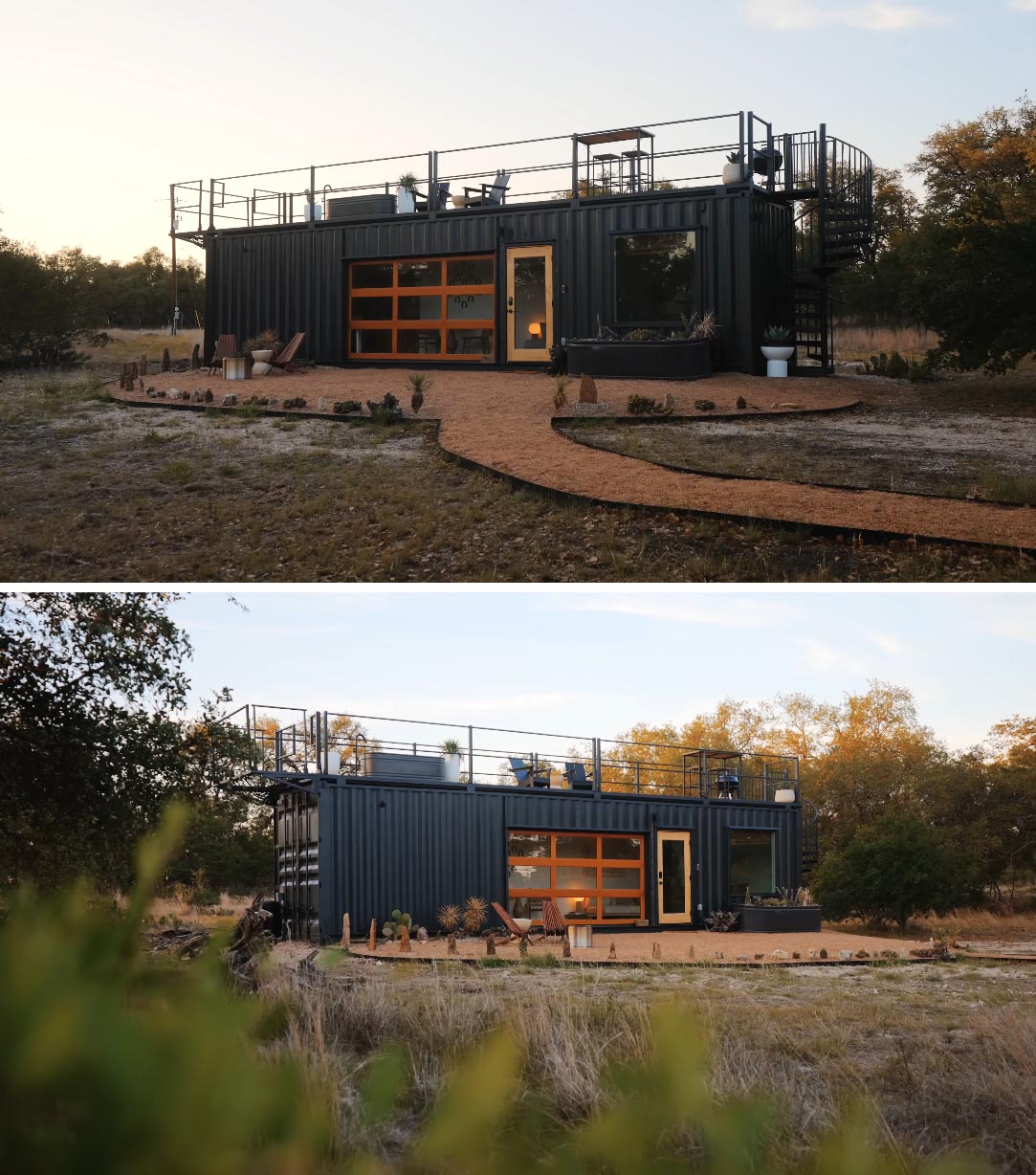 A modern tiny home made from a 40 foot shipping container, and has a garage door and a rooftop deck.