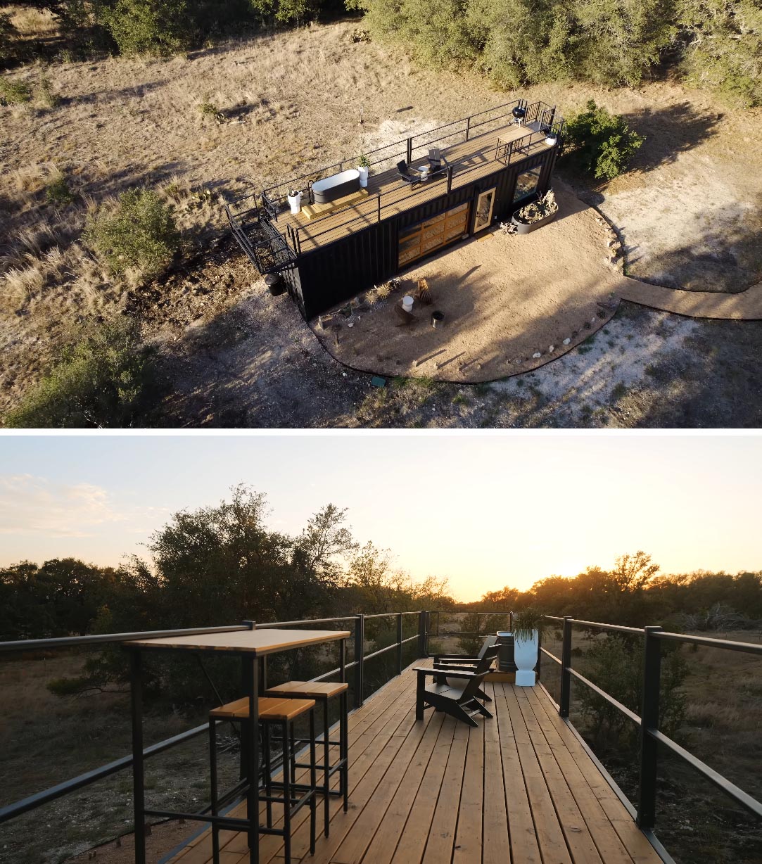 A tiny home made from a shipping container includes a rooftop deck with a dining area, lounge, outdoor bathtub, and a net hammock that hangs out from the edge of the home.