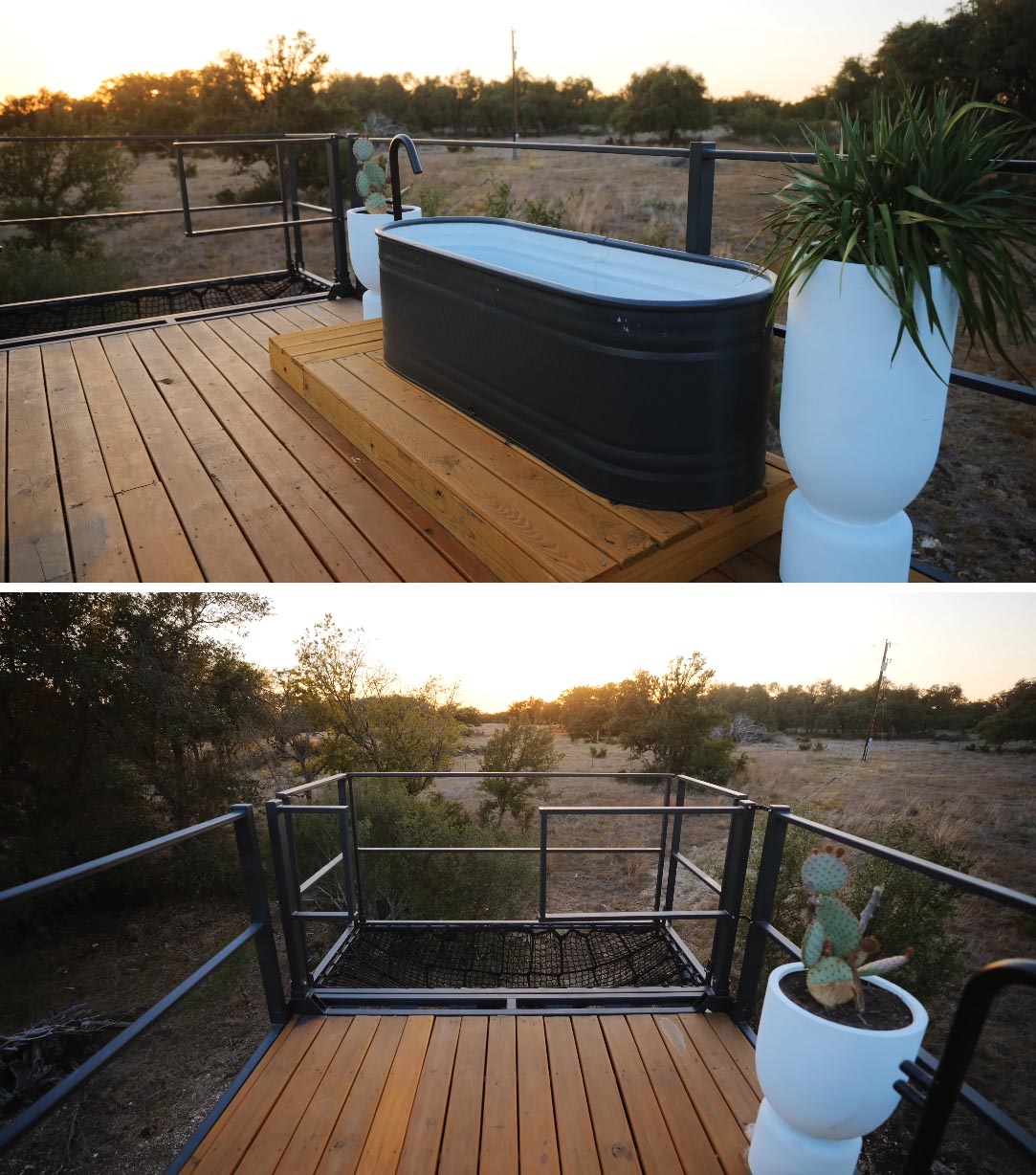 A tiny home made from a shipping container includes a rooftop deck with an outdoor bathtub, and a net hammock that hangs off the end of the structure.