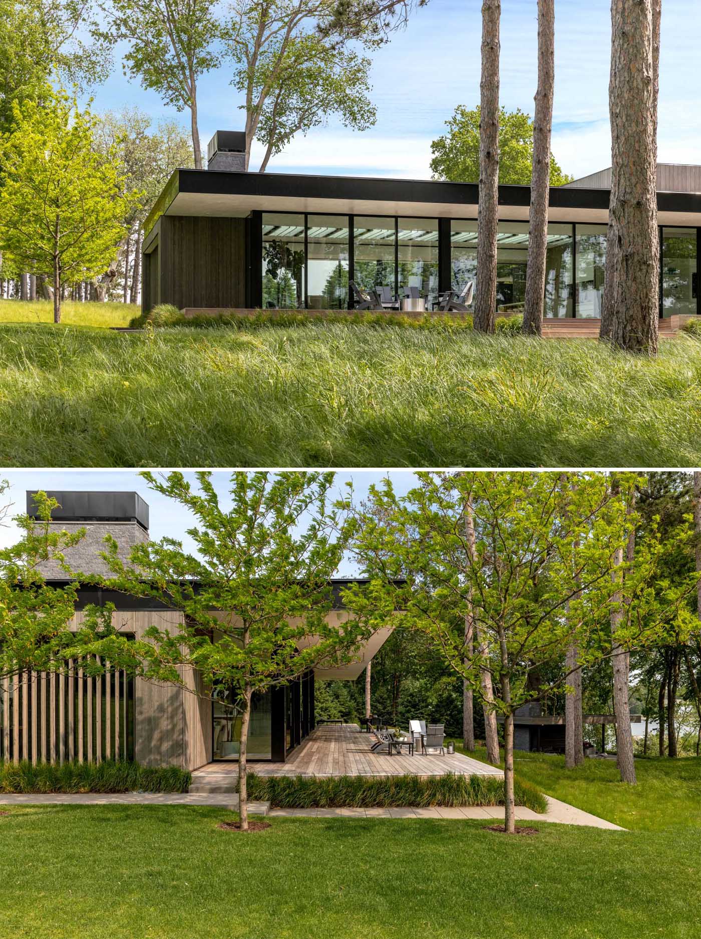 This terraced yard flows from the house, where there's a deck, down some stairs, and to a secondary covered outdoor entertaining area with a fireplace, tv, and lounge.