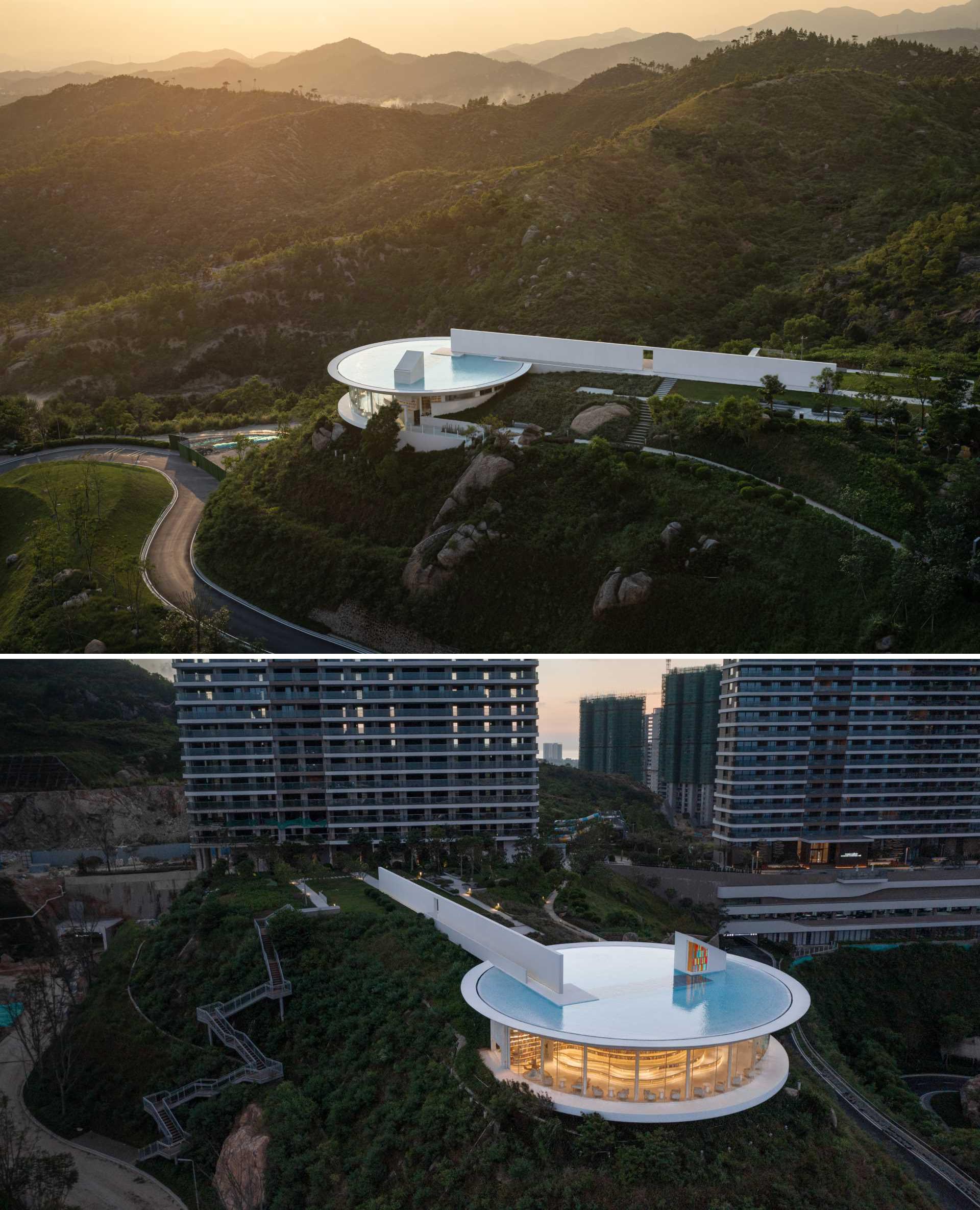 A modern round library with a shallow rooftop water feature.