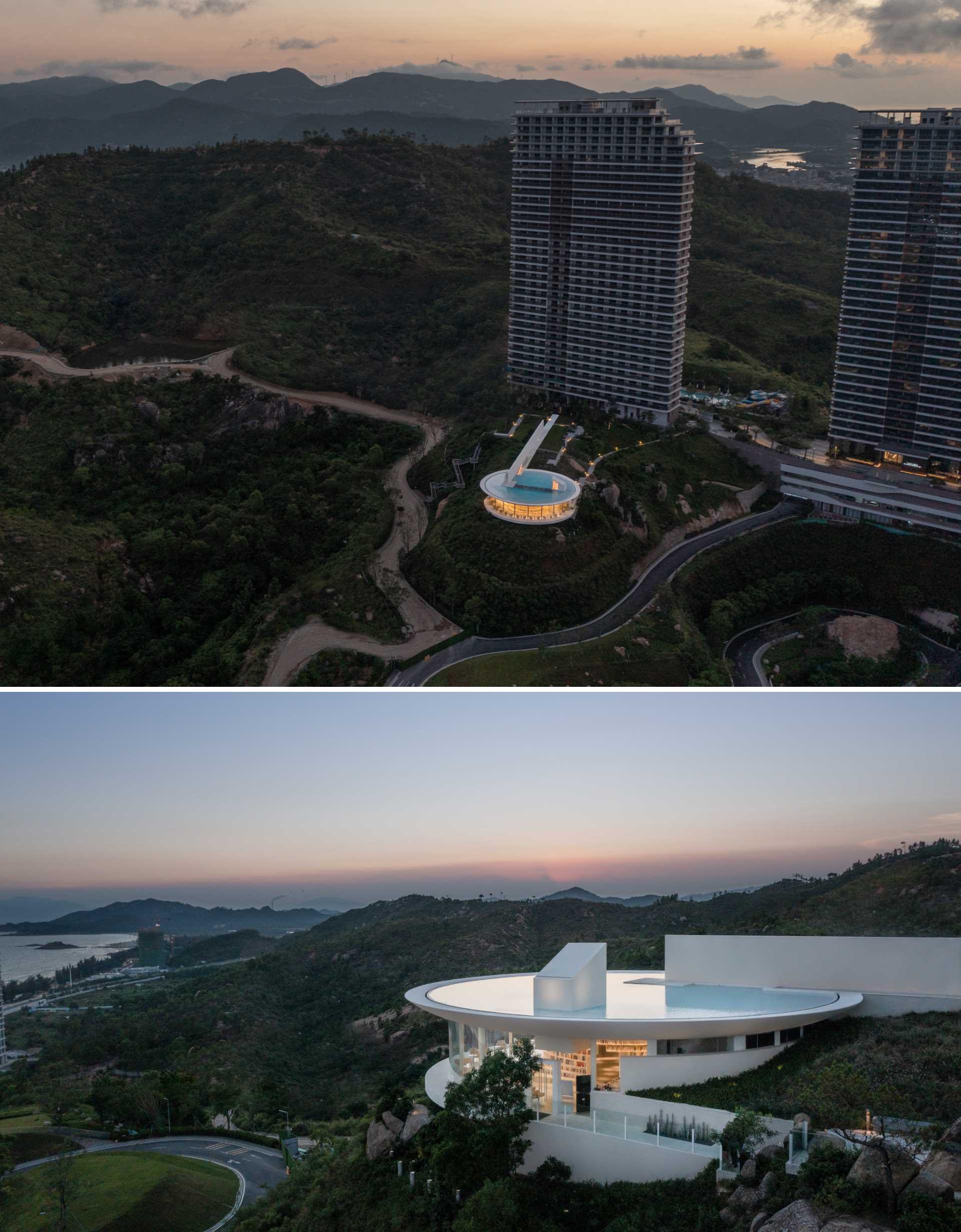 A modern round library with a shallow rooftop water feature.