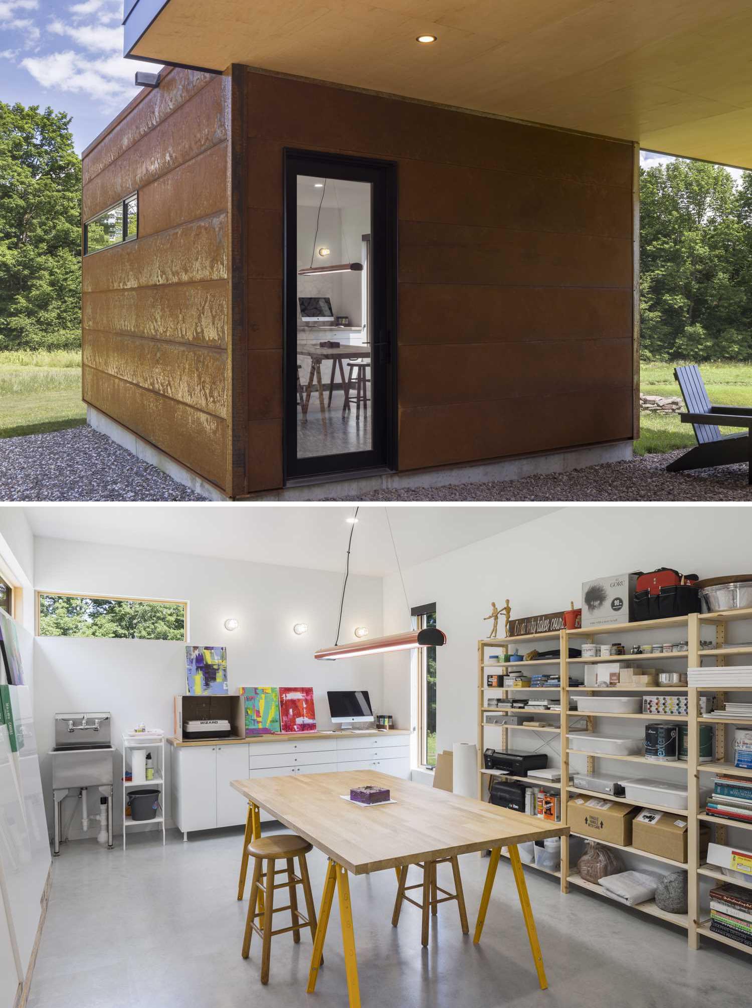 This modern studio, covered in weathering steel, is designed to be a flexible creative space, allowing the home owners to focus on a wide variety of creative interests, be it photography, painting, yarn dyeing, knitting, or soap making.
