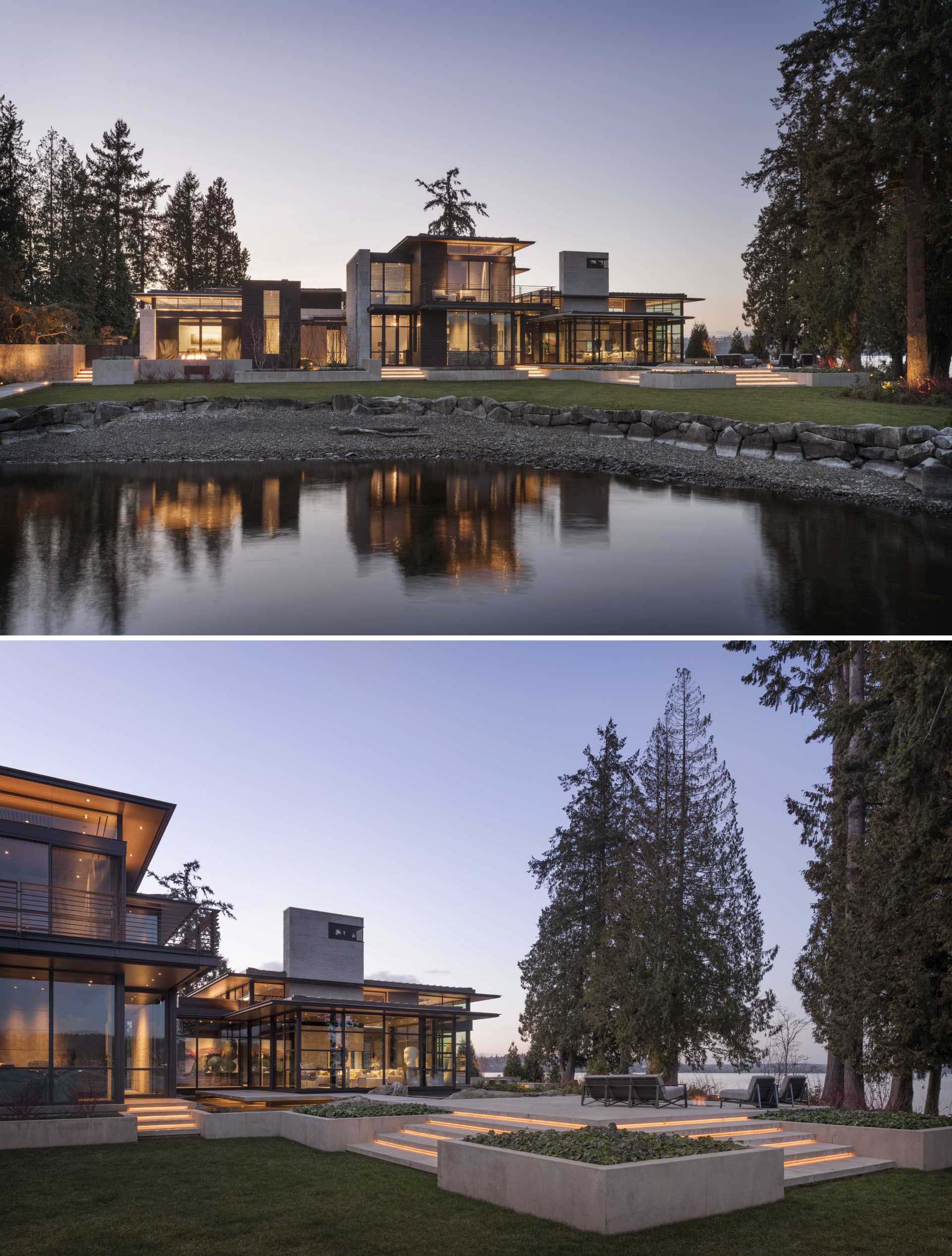 A modern lakeside home that showcases materials like wood, stone, concrete, and steel, as well as a series of water features.