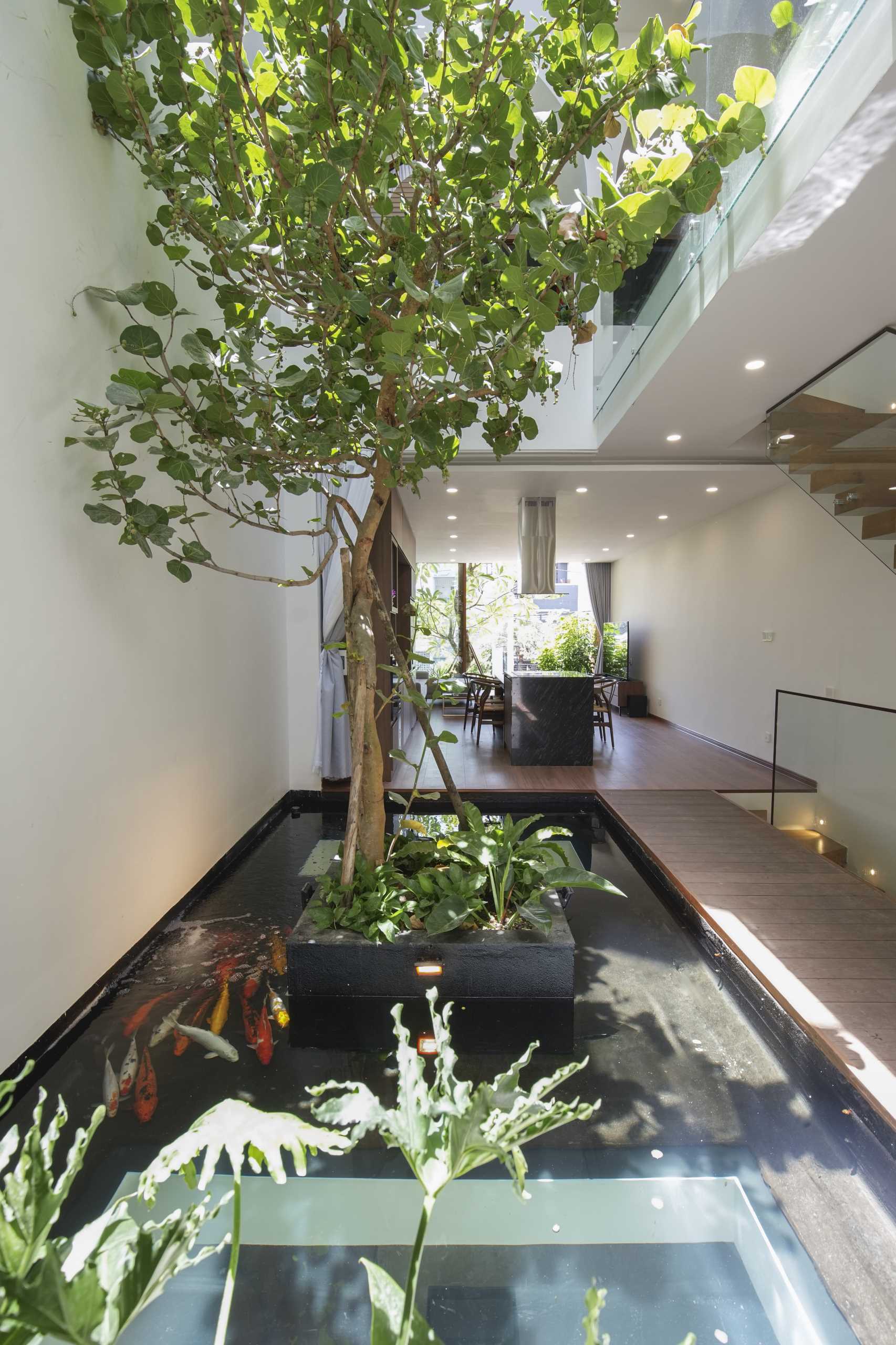 A modern interior with an atrium and koi pond.