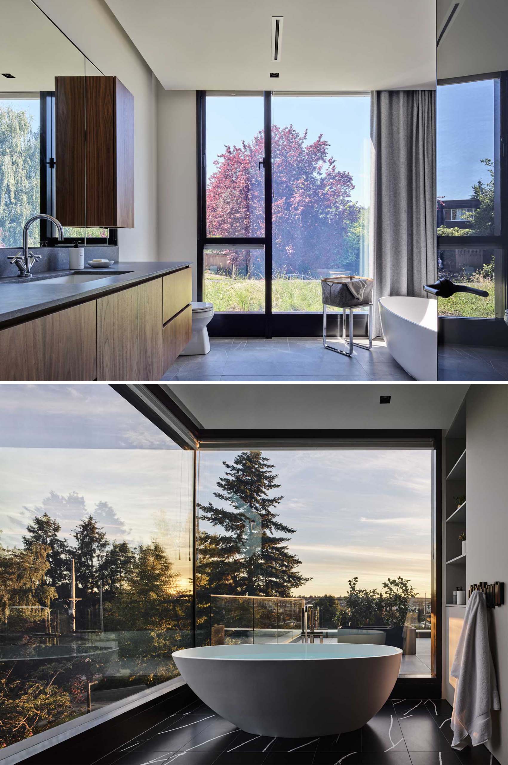 A modern bathroom with floor-to-ceiling windows and a freestanding bathtub.