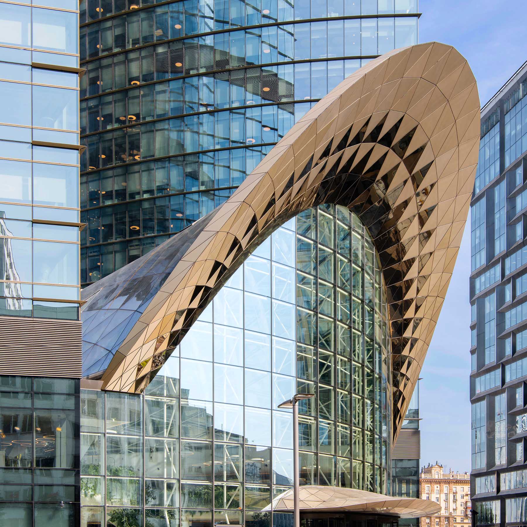 A modern building with a sculptural design element.