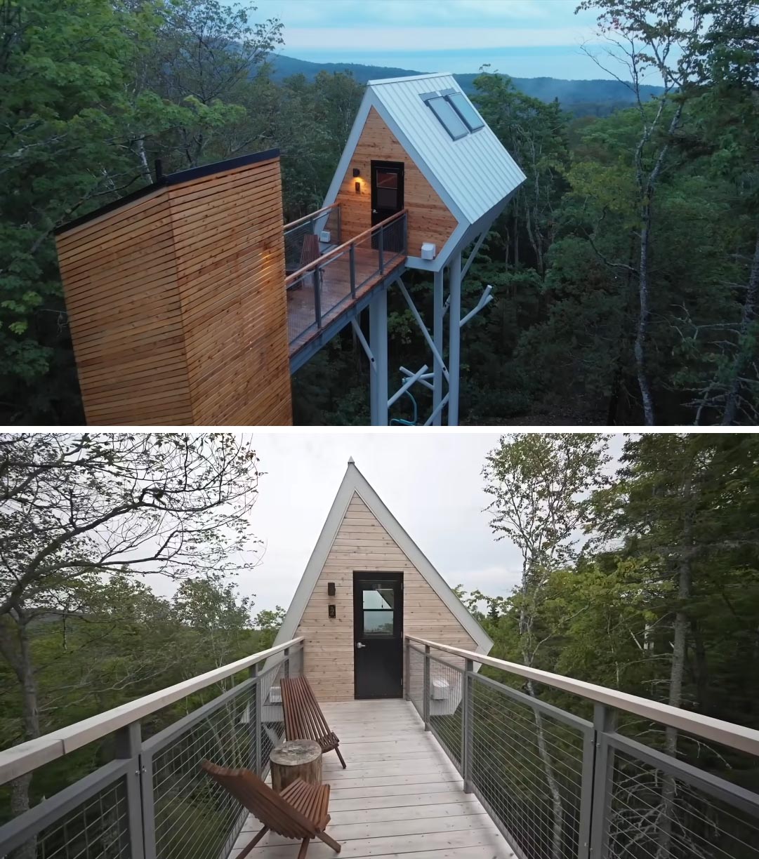A small cabin is elevated and accessed via an enclosed spiral staircase and a bridge.