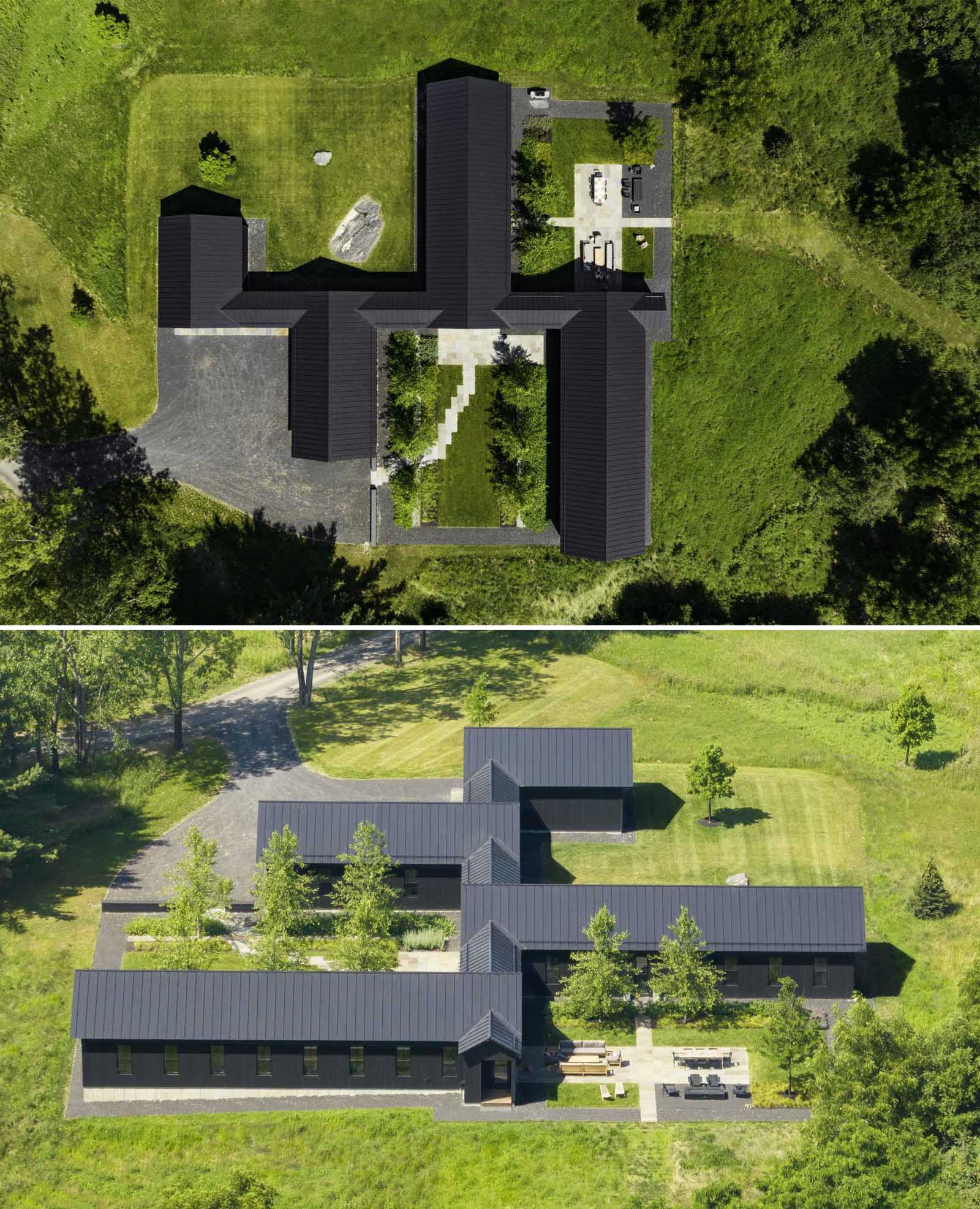 A modern house with standing seam roofing, black stained vertical cedar siding, and single-story gables with identical pitches.