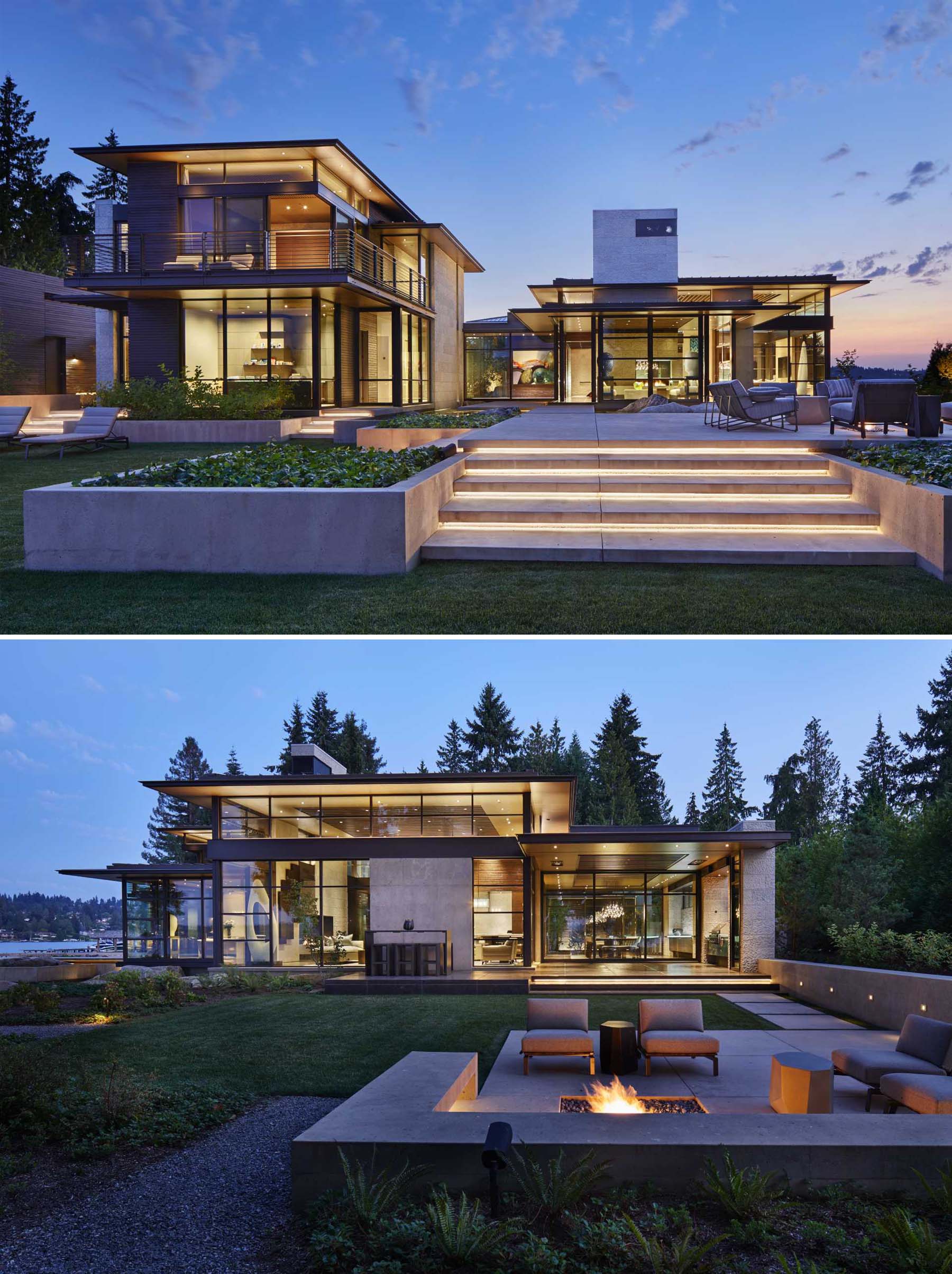 The outdoor spaces of this modern house include steps with hidden lighting, large built-in concrete plants, and an lounge area with a firepit.