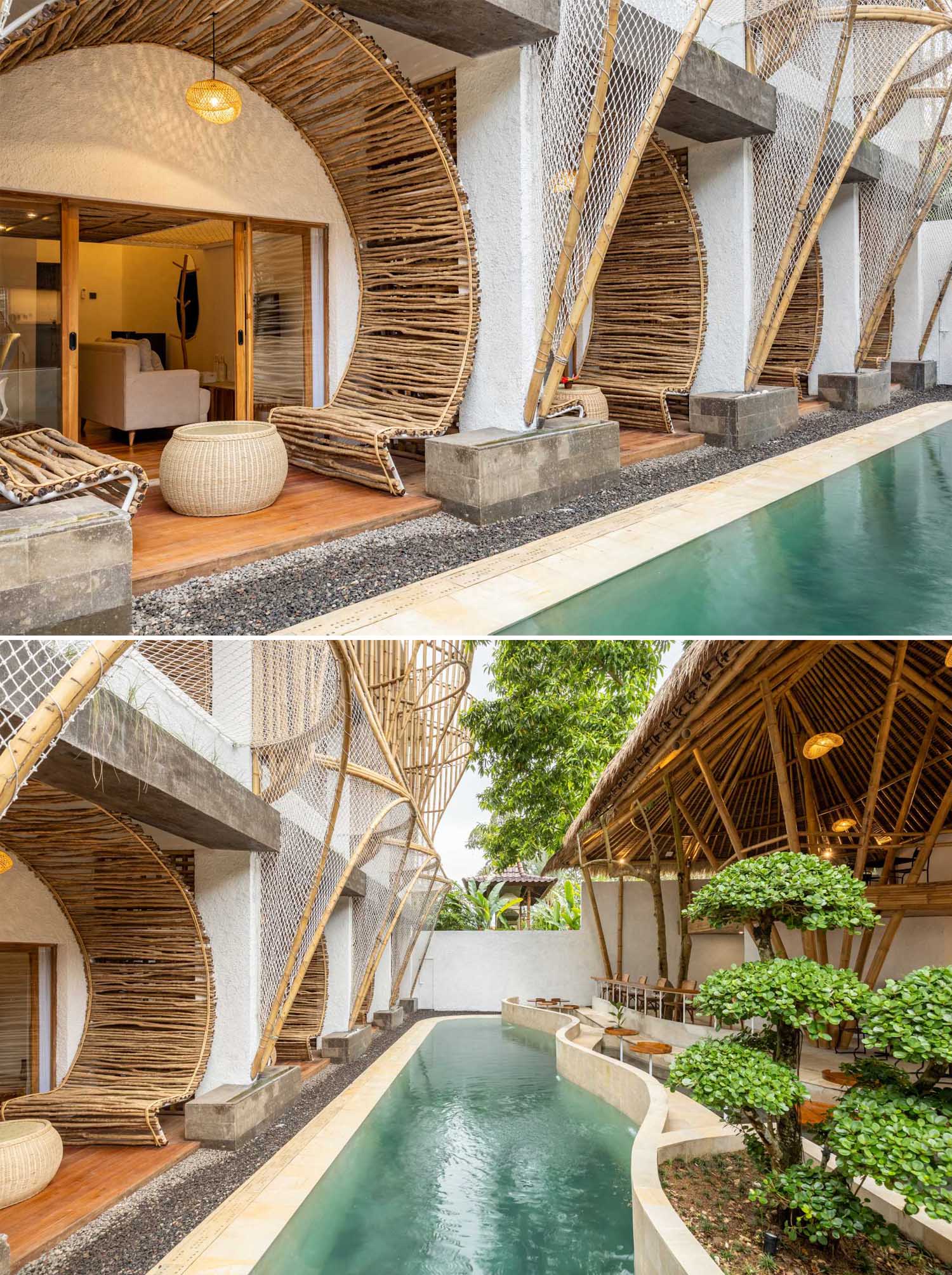 Curved built-in lounge seats made from coffee branches have been used to furnish the balcony on this micro-apartment.