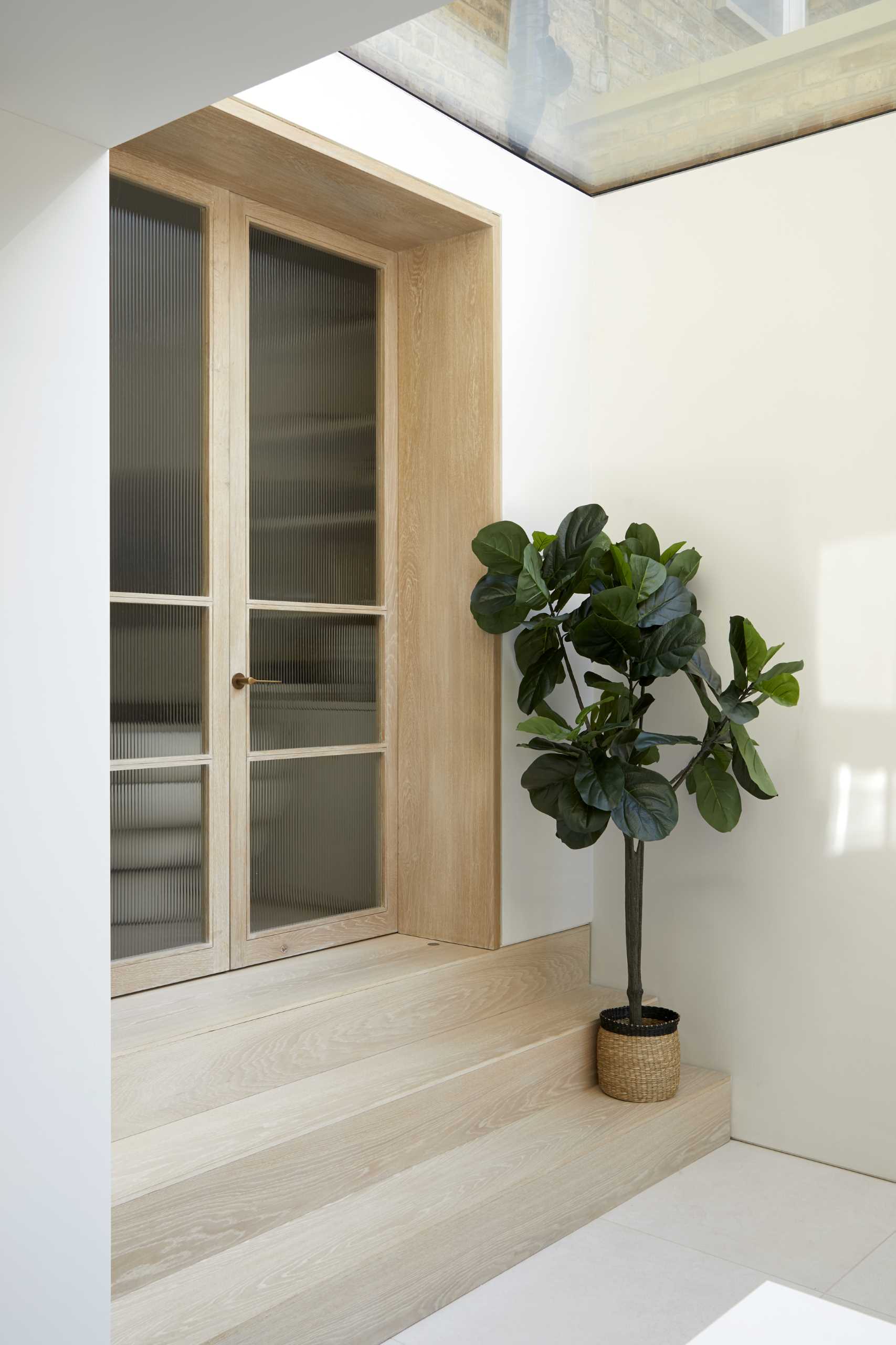 A few steps leading up to a wood framed doorway connects the new extension to the interior of the original house.