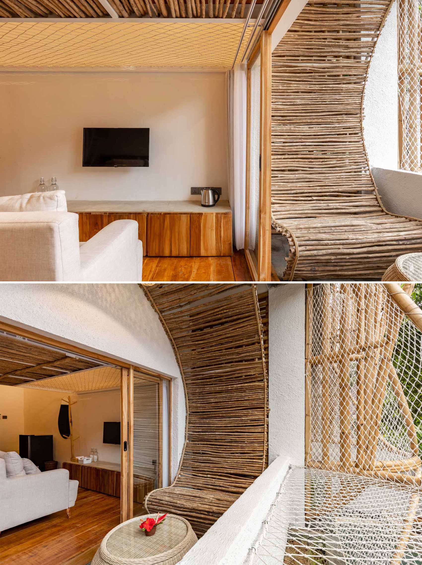 Built-in lounge seats made from coffee branches have been used to furnish the balcony on this micro-apartment.