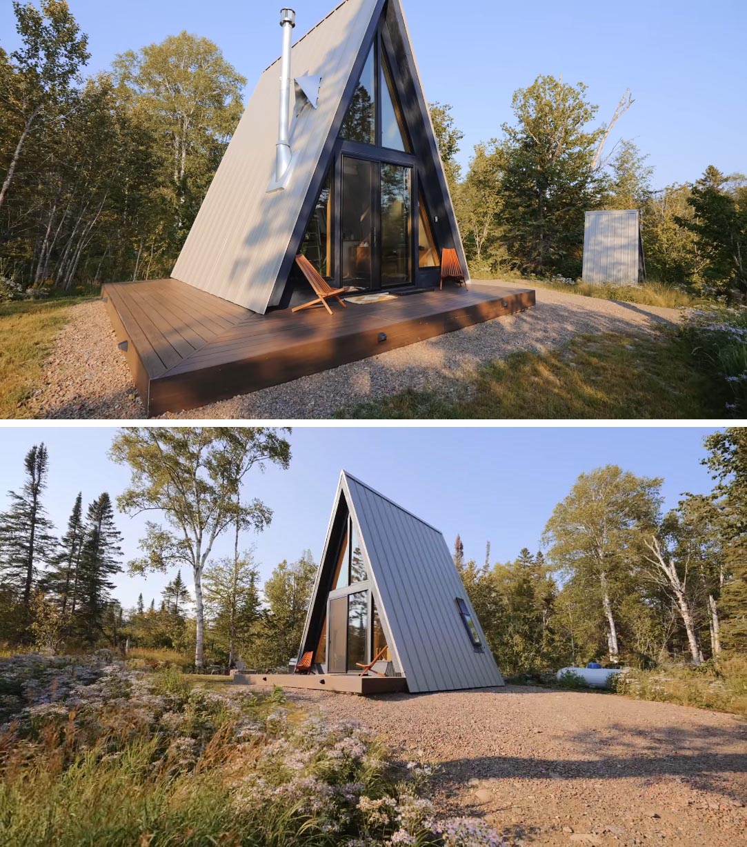A modern A-frame cabin with a small deck.