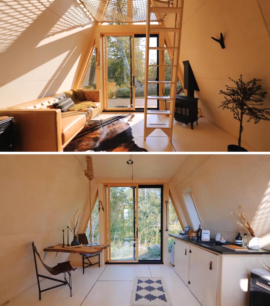 An A-frame cabin with a living room, fireplace, live edge wood dining table and small kitchen.
