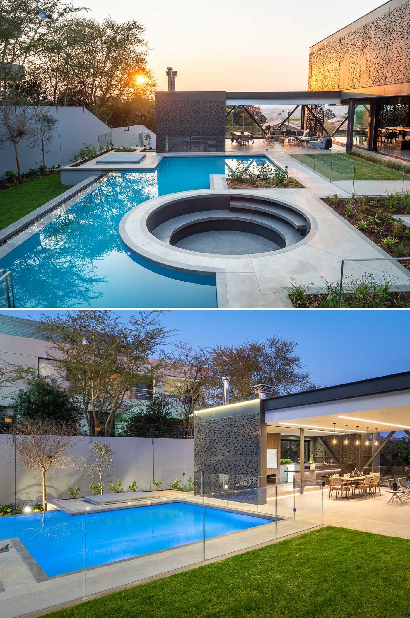 A modern swimming pool with a sunken seating area and a lanai.