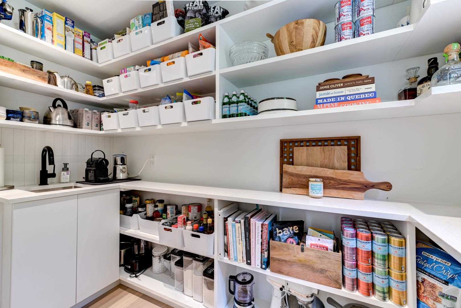 A large walk-in pantry with a sink and plenty of storage.