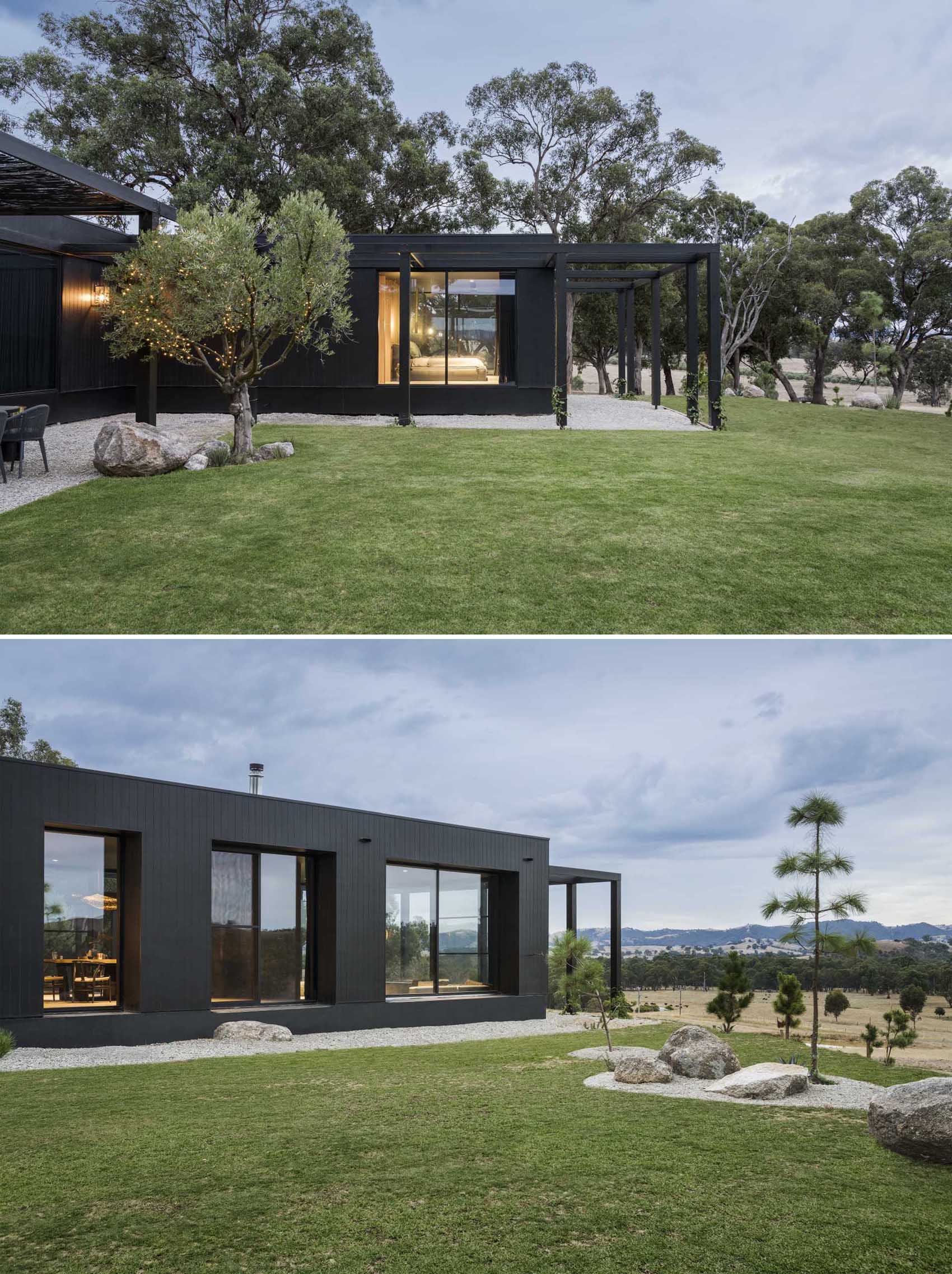 A modern home in a U-shape, includes a black exterior and warm wood accents.