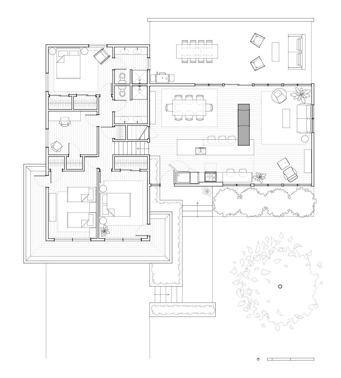 The 'after' floor plan of a mid-century modern home.